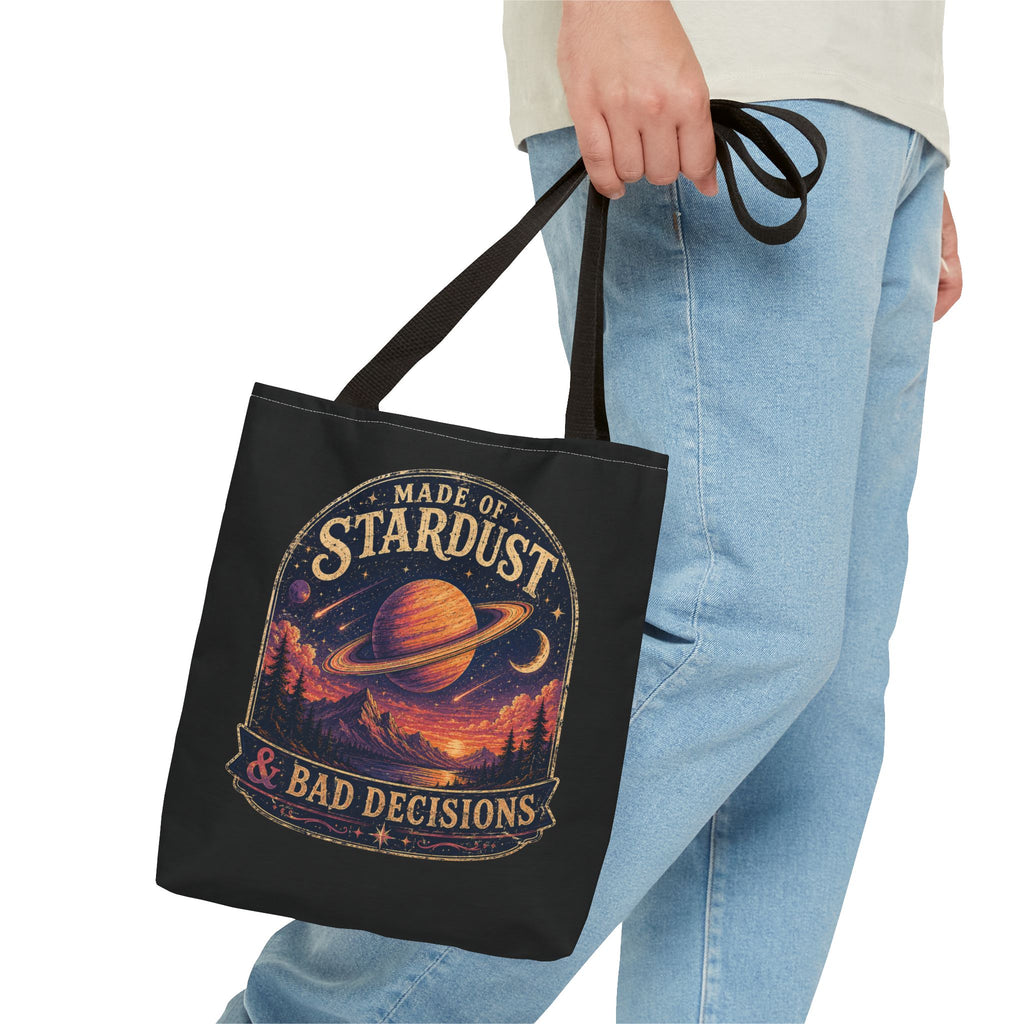“Made of Stardust & Bad Decisions” Tote Bag — Retro Planet Graphic Tote