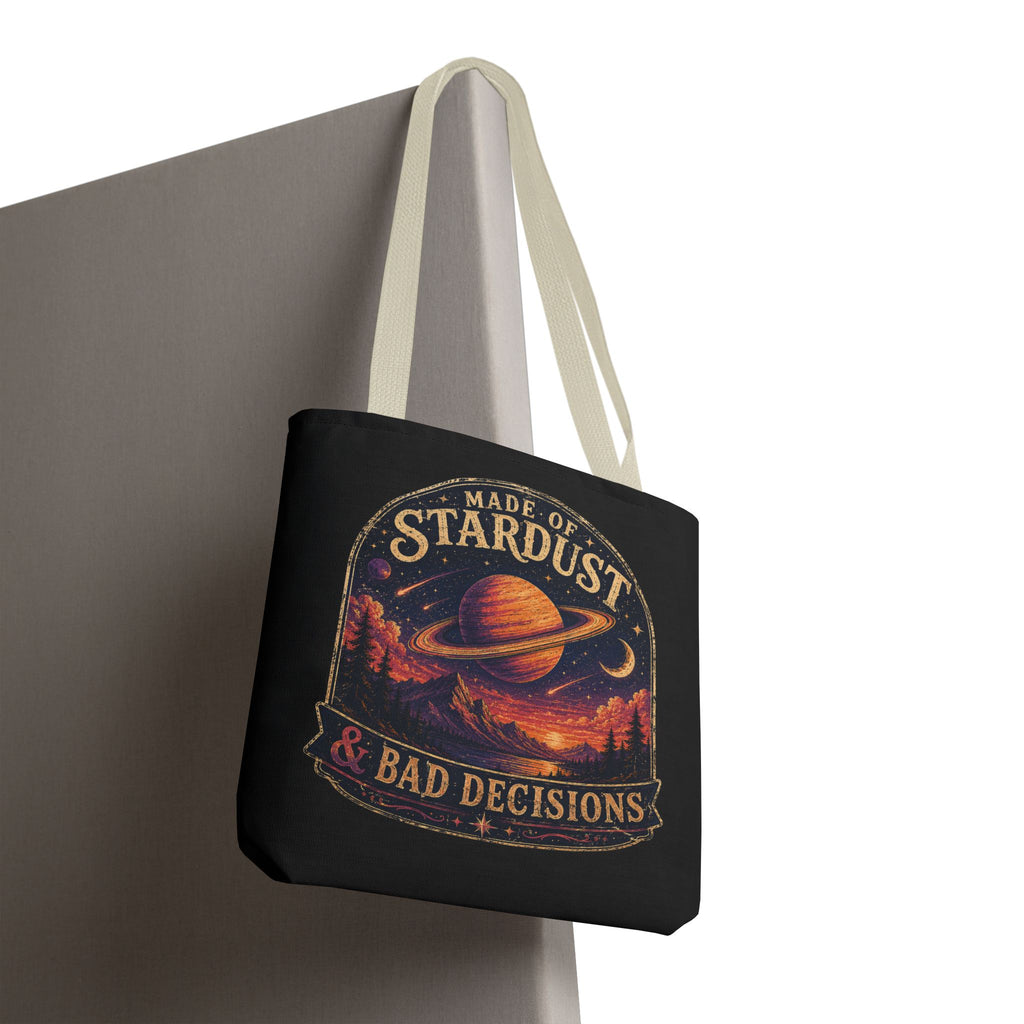 “Made of Stardust & Bad Decisions” Tote Bag — Retro Planet Graphic Tote