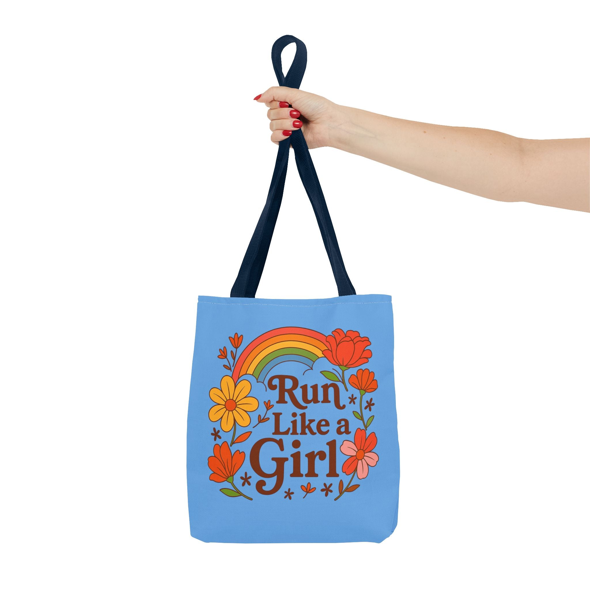 “Run Like a Girl” Floral Rainbow Tote Bag — Motivational Running Canvas Tote