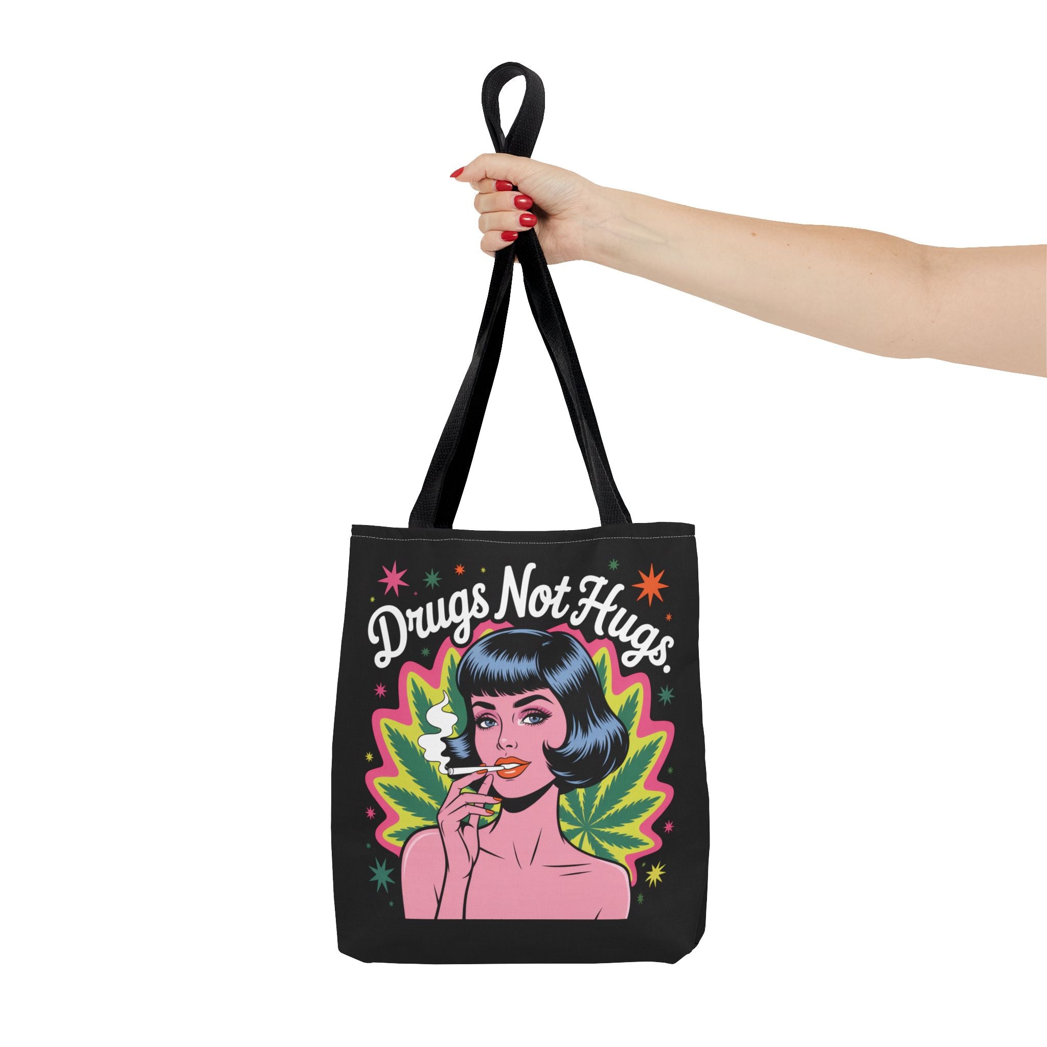 “Drugs Not Hugs” Retro Pin-Up Cannabis Graphic Tote