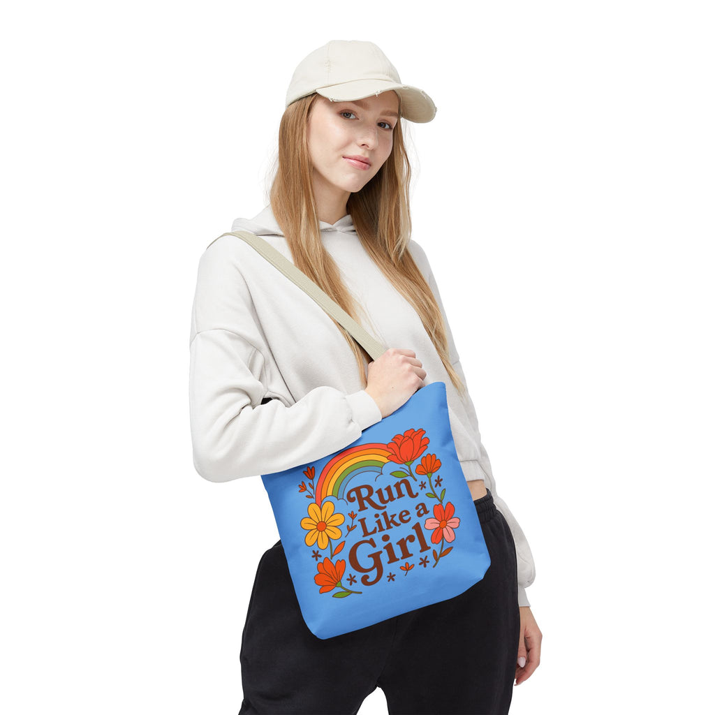 “Run Like a Girl” Floral Rainbow Tote Bag — Motivational Running Canvas Tote