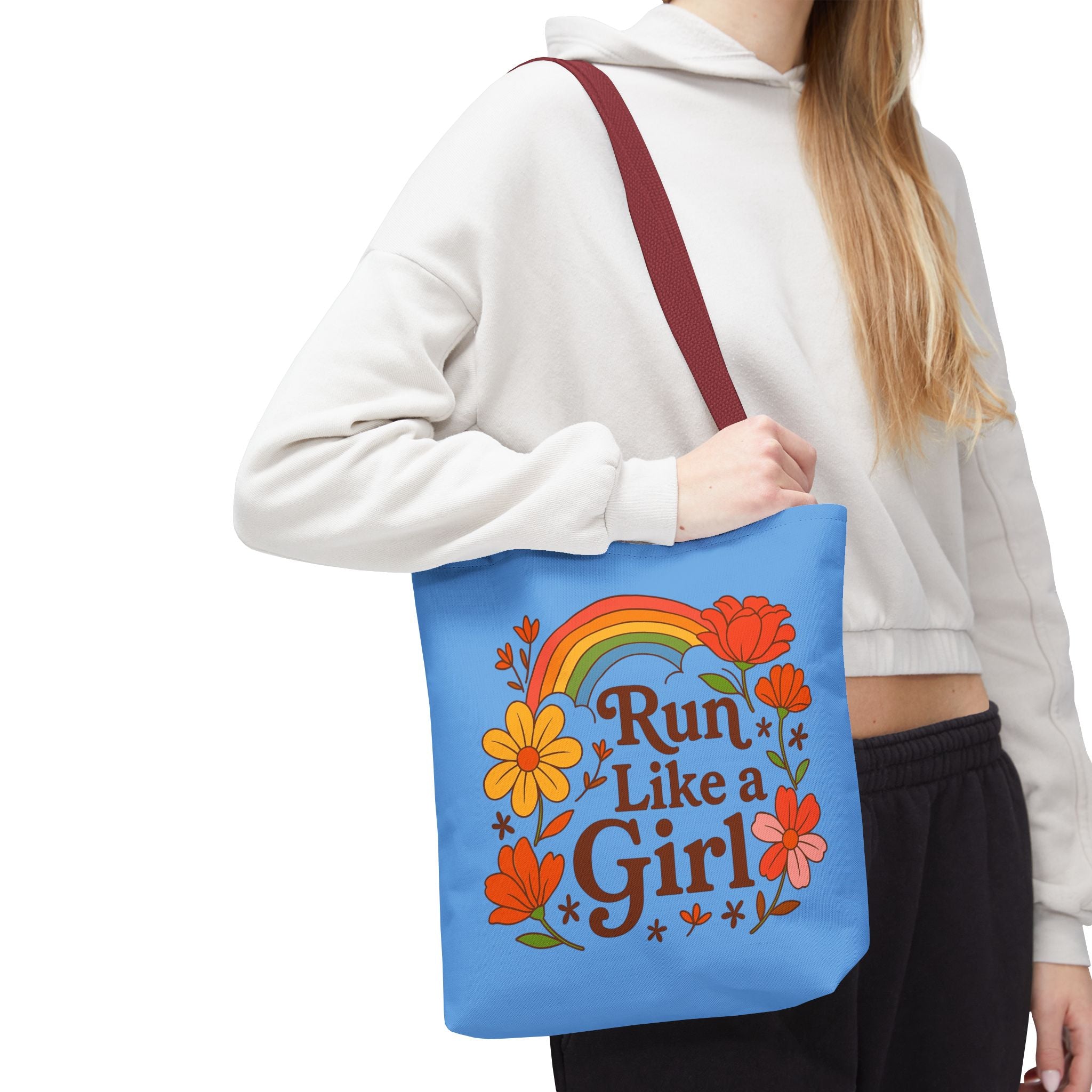 “Run Like a Girl” Floral Rainbow Tote Bag — Motivational Running Canvas Tote