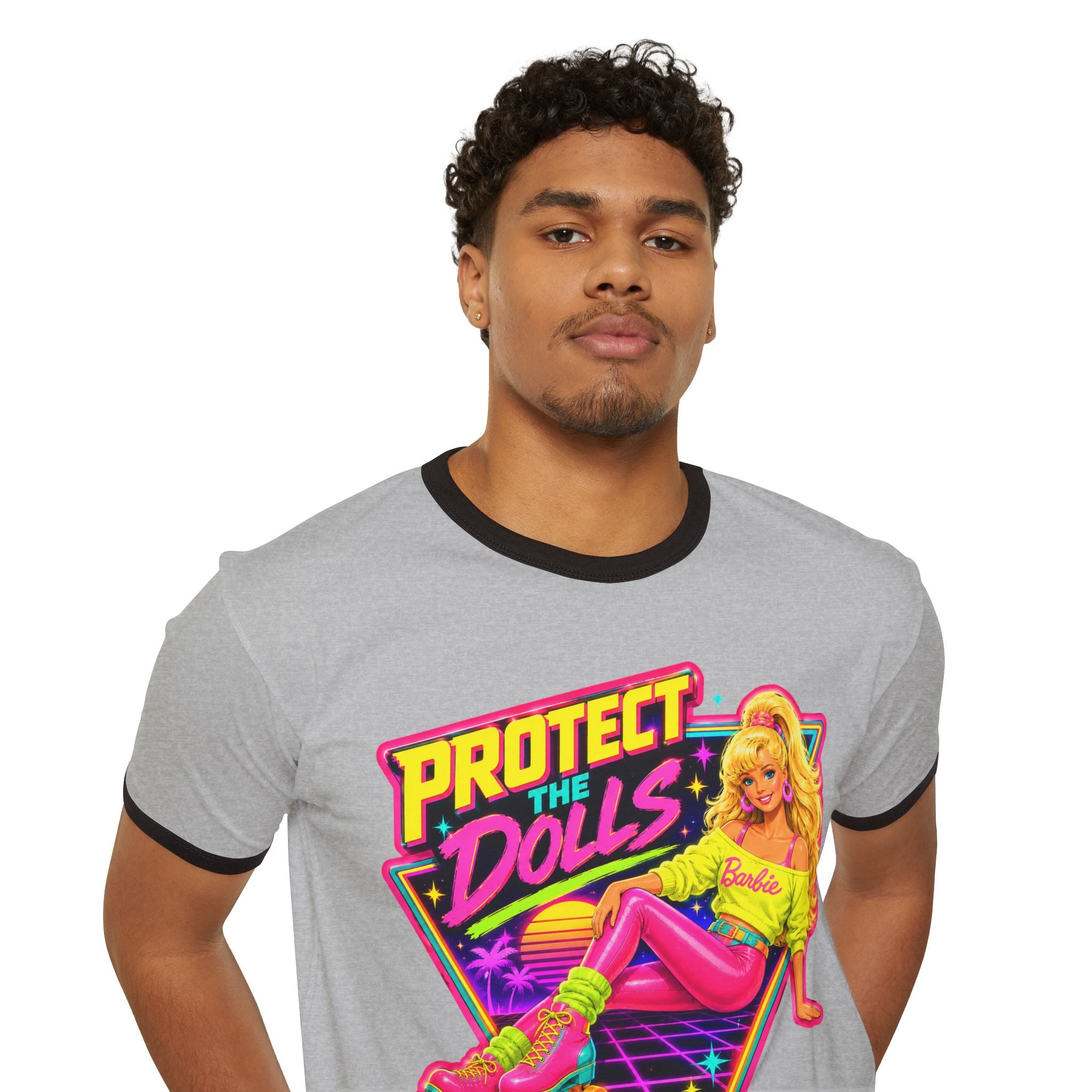 “Protect the Dolls” Trans Ally Ringer T-Shirt — Retro Neon Roller Girl Tee