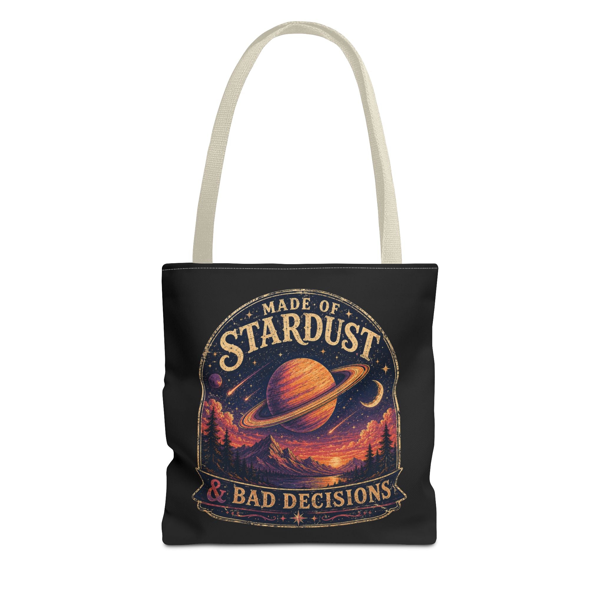 “Made of Stardust & Bad Decisions” Tote Bag — Retro Planet Graphic Tote