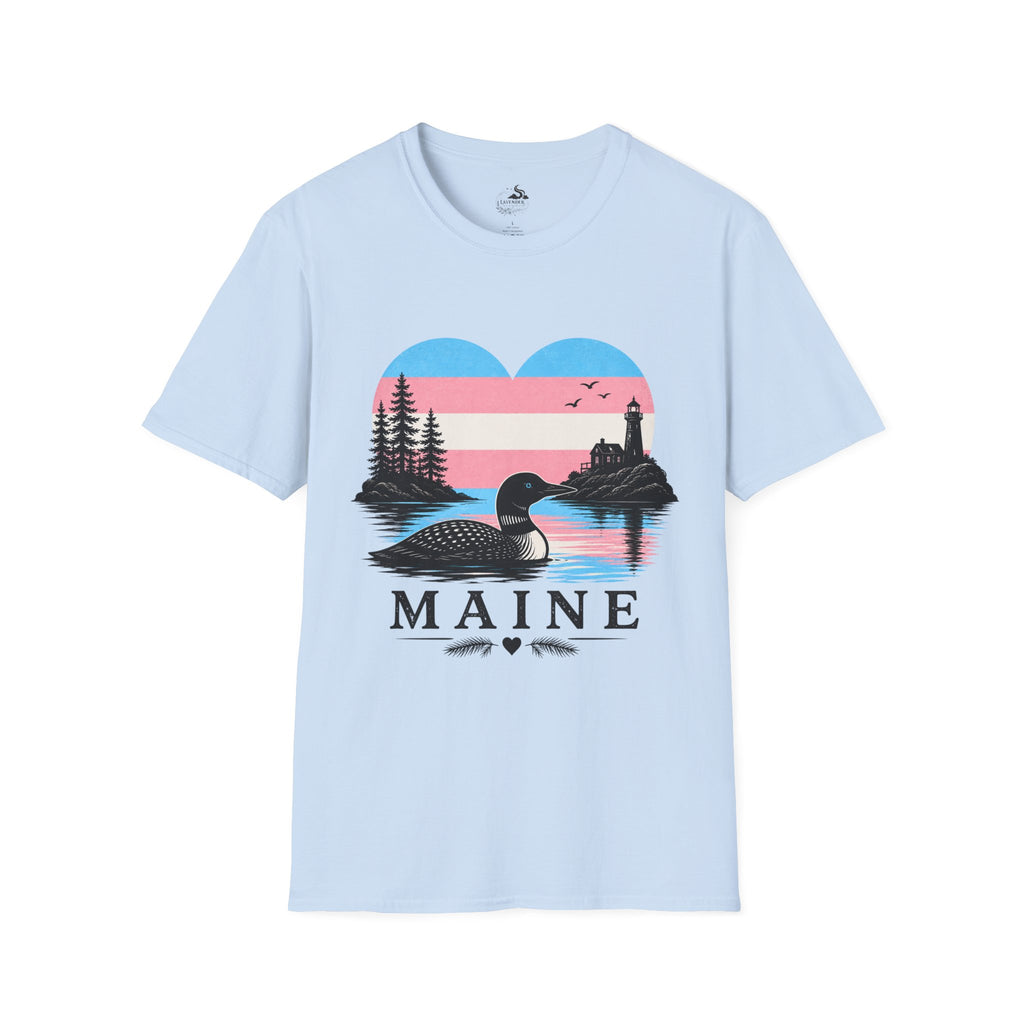 Maine Trans Flag Heart T‑Shirt — Coastal Loon & Lighthouse Graphic