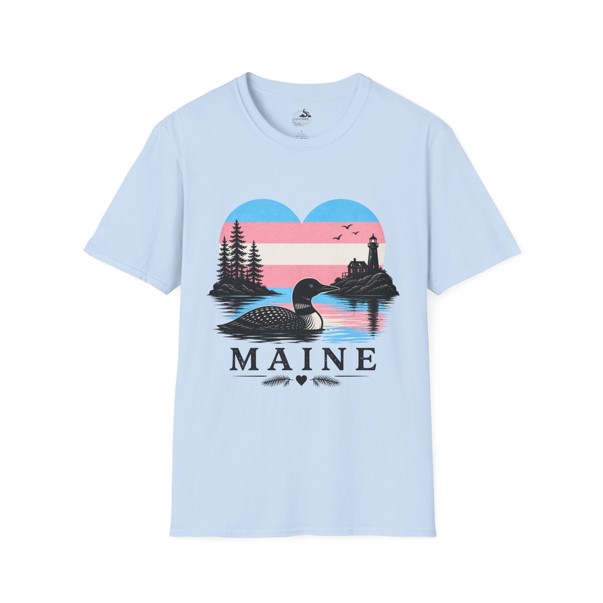 Maine Trans Flag Heart T‑Shirt — Coastal Loon & Lighthouse Graphic