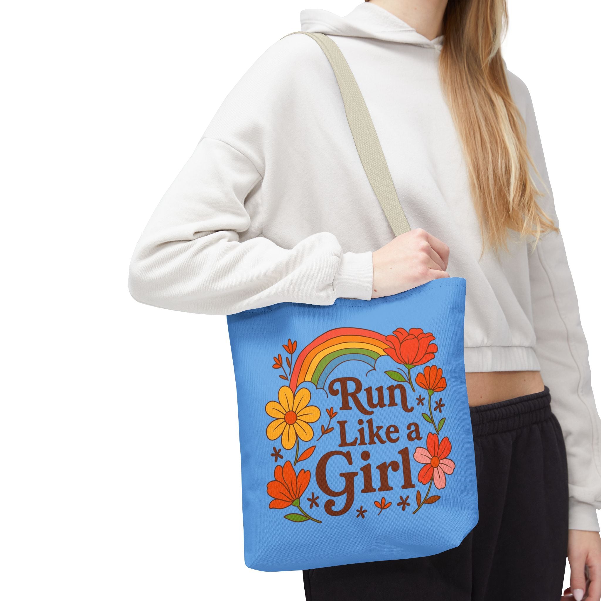 “Run Like a Girl” Floral Rainbow Tote Bag — Motivational Running Canvas Tote