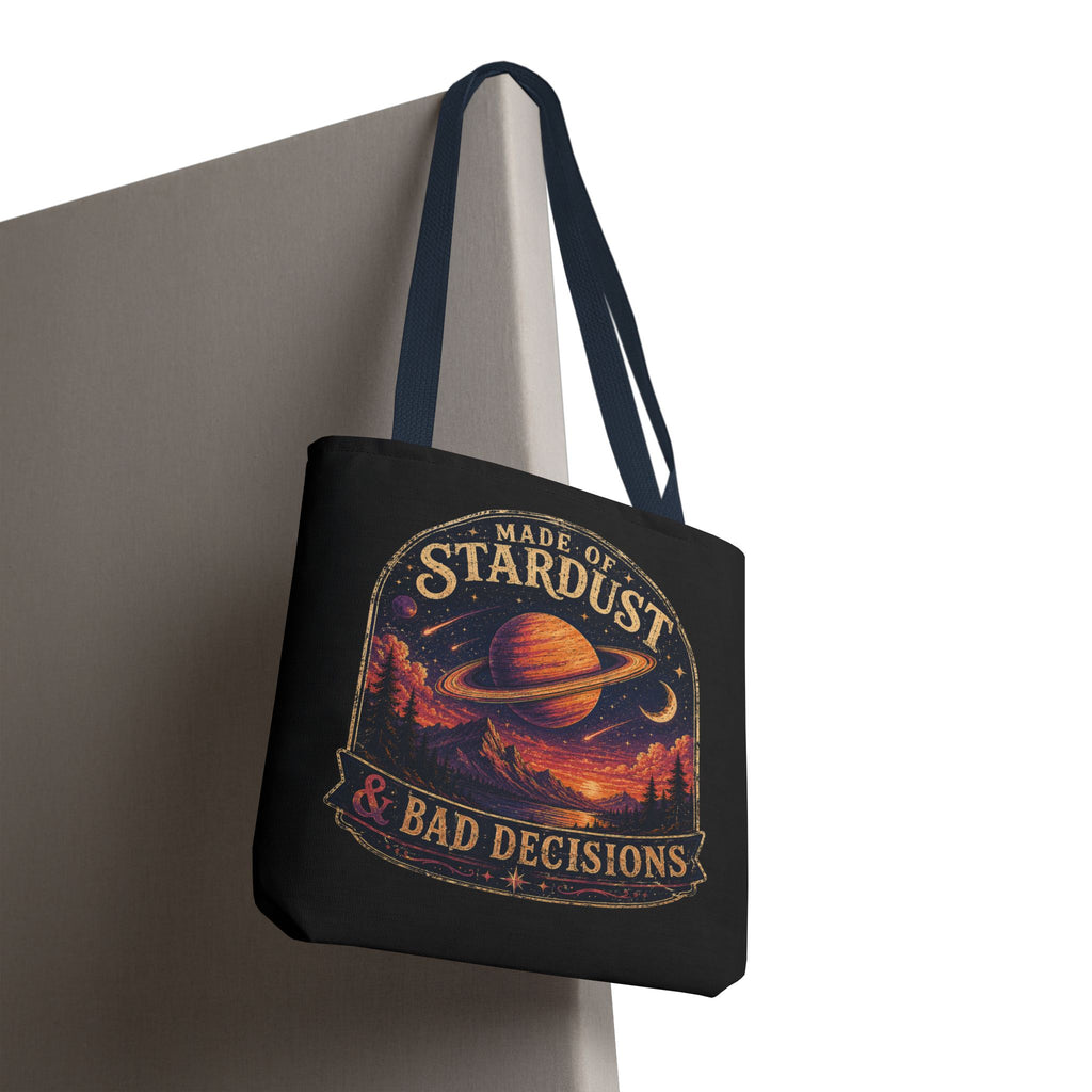 “Made of Stardust & Bad Decisions” Tote Bag — Retro Planet Graphic Tote