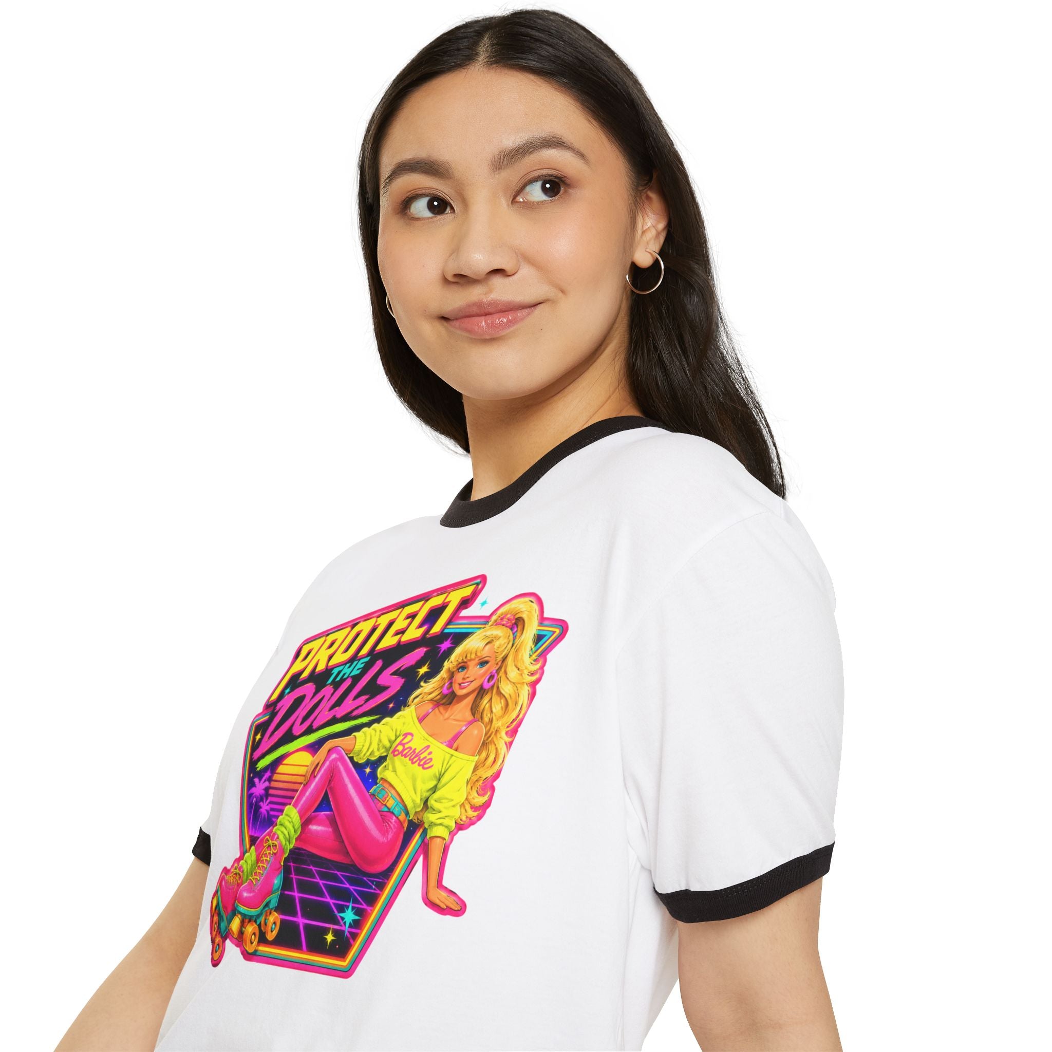 “Protect the Dolls” Trans Ally Ringer T-Shirt — Retro Neon Roller Girl Tee