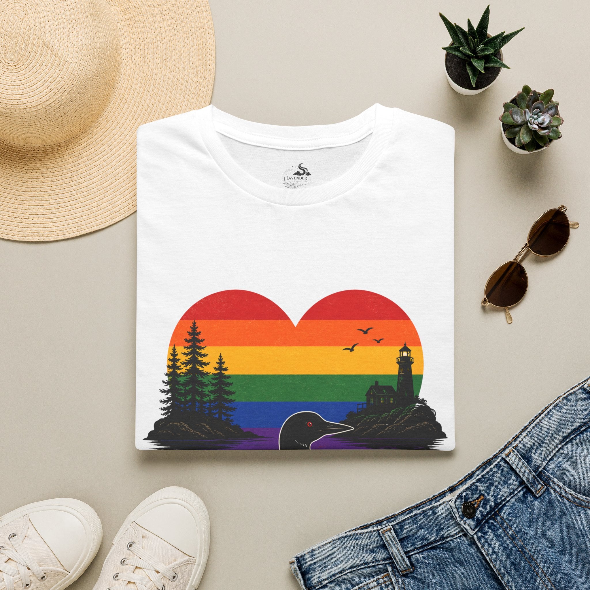 Maine Sunset Heart T-Shirt — Rainbow Coastal Lighthouse & Loon Design