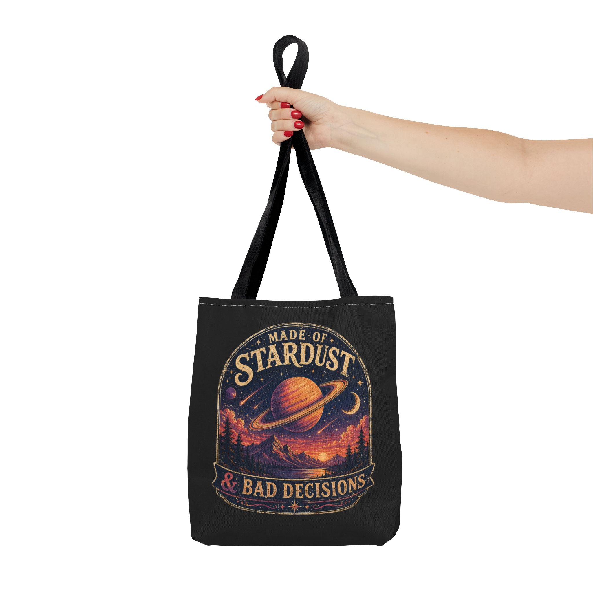 “Made of Stardust & Bad Decisions” Tote Bag — Retro Planet Graphic Tote