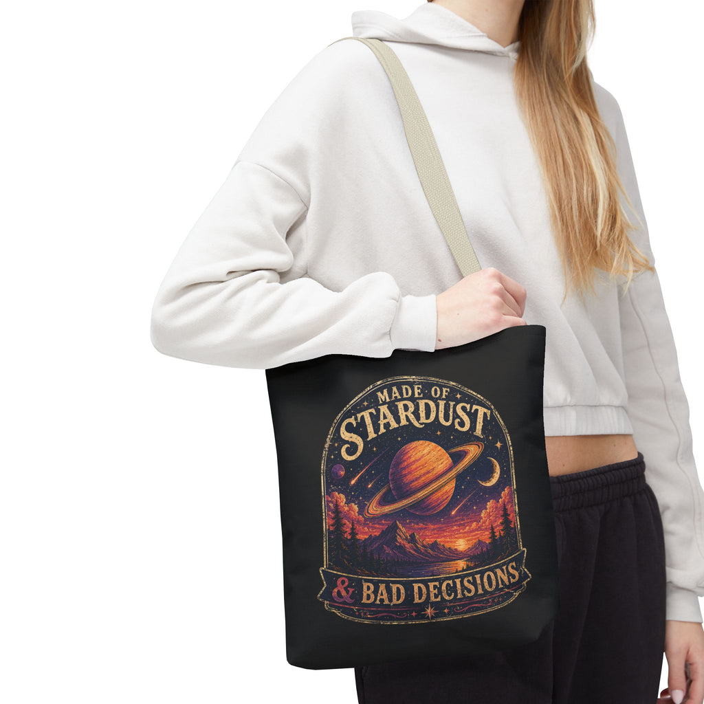 “Made of Stardust & Bad Decisions” Tote Bag — Retro Planet Graphic Tote
