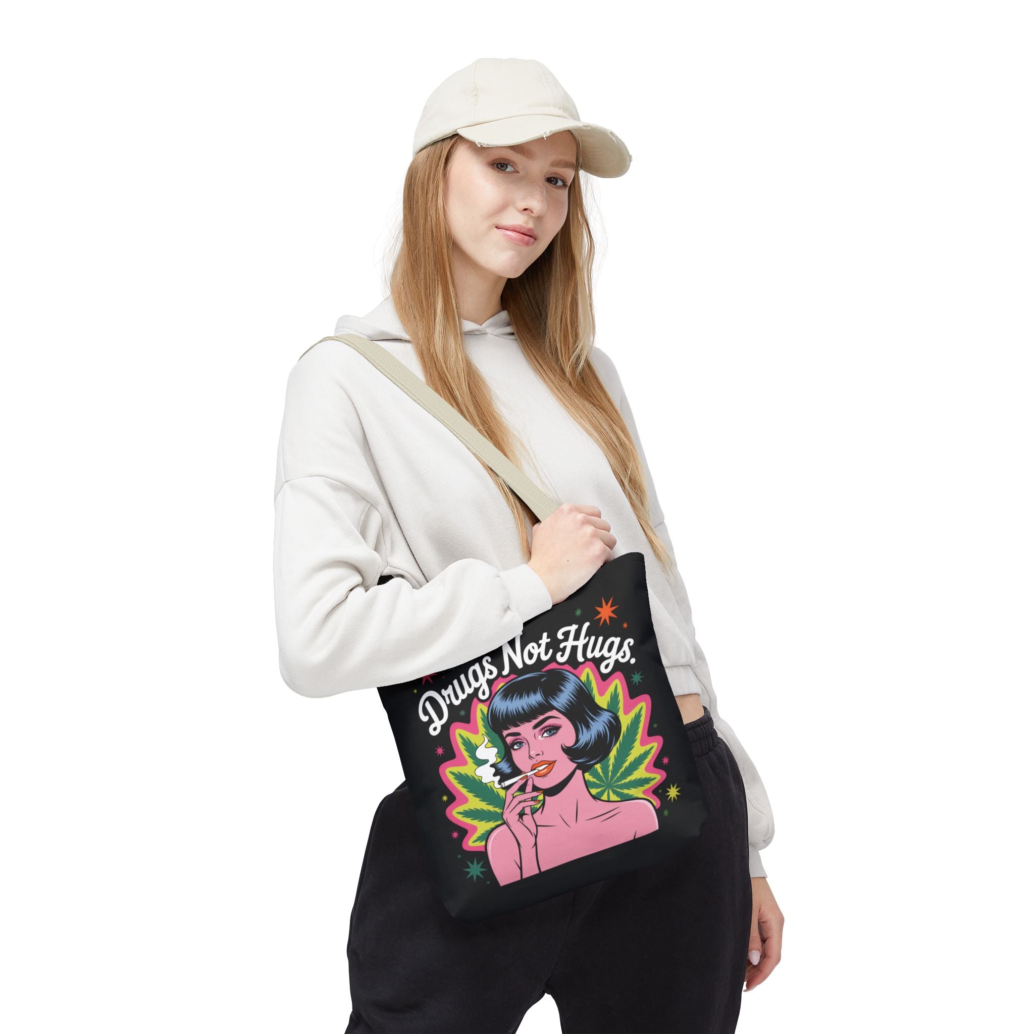 “Drugs Not Hugs” Retro Pin-Up Cannabis Graphic Tote