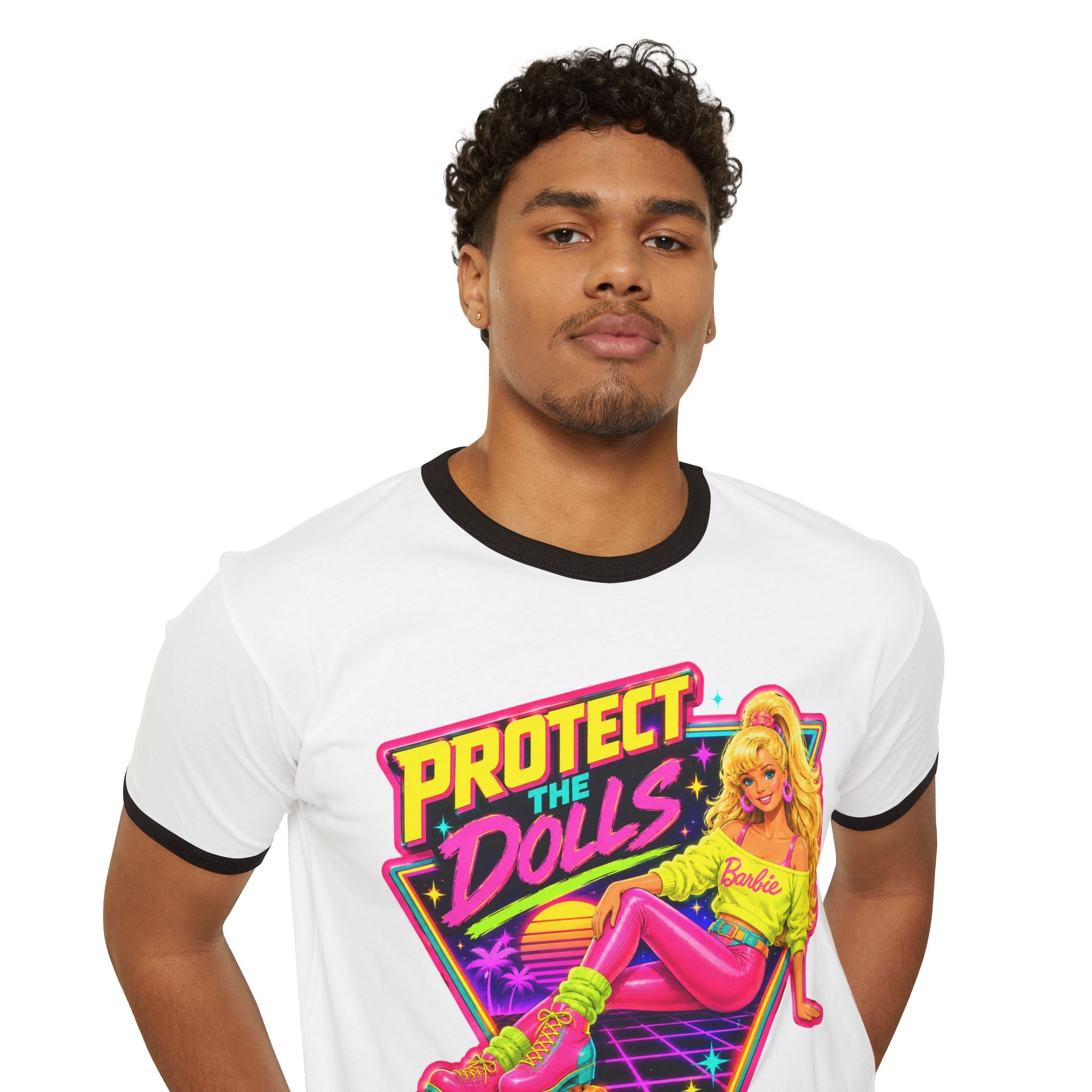 “Protect the Dolls” Trans Ally Ringer T-Shirt — Retro Neon Roller Girl Tee