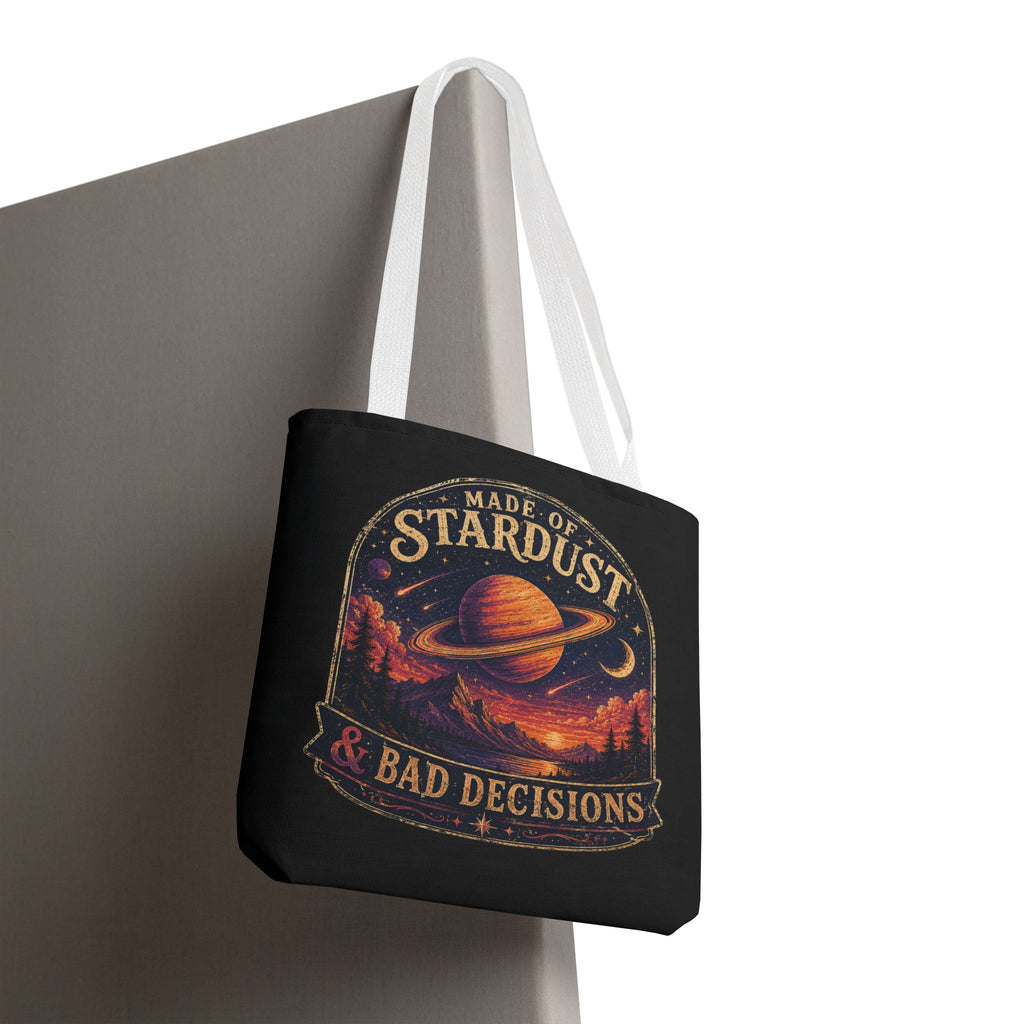 “Made of Stardust & Bad Decisions” Tote Bag — Retro Planet Graphic Tote