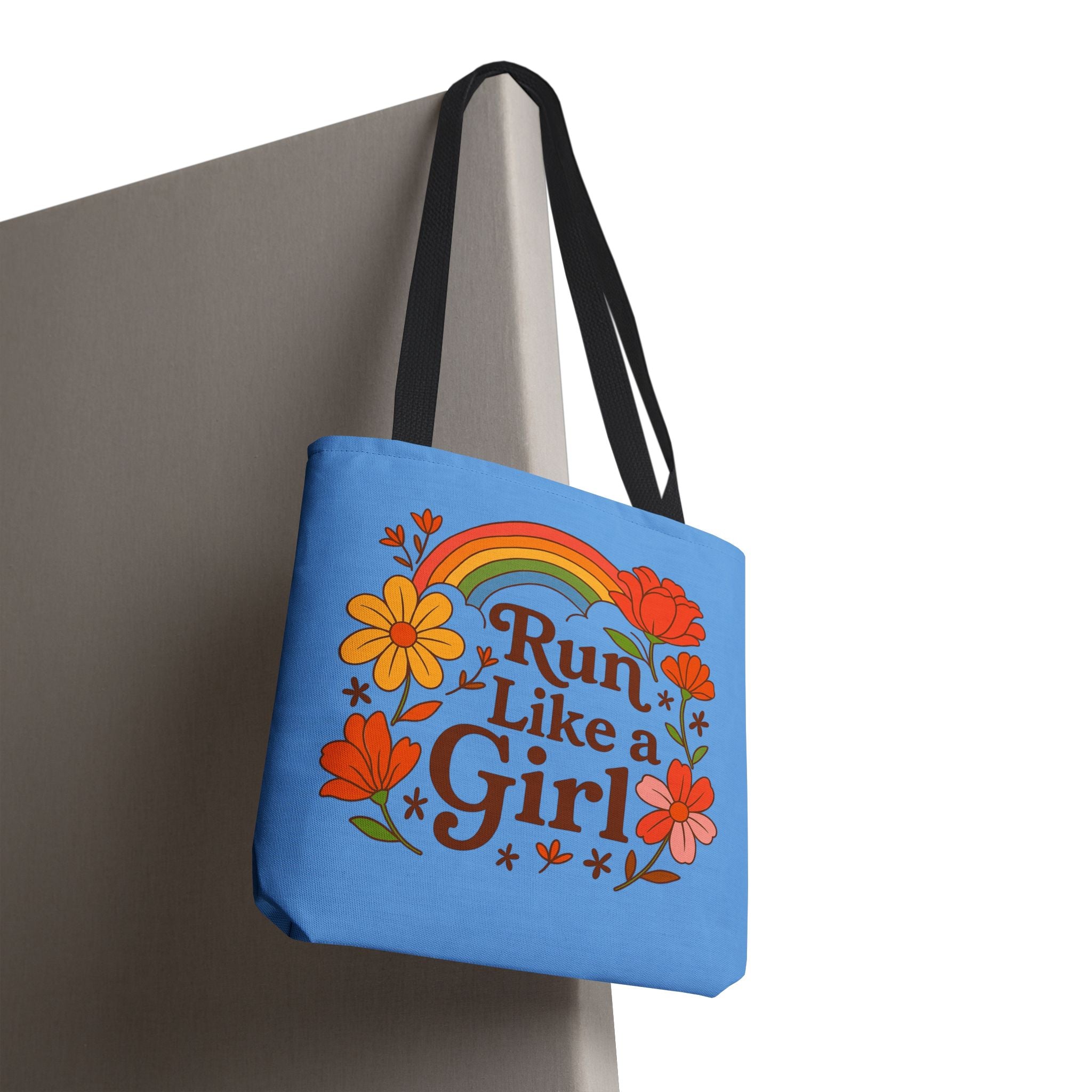 “Run Like a Girl” Floral Rainbow Tote Bag — Motivational Running Canvas Tote