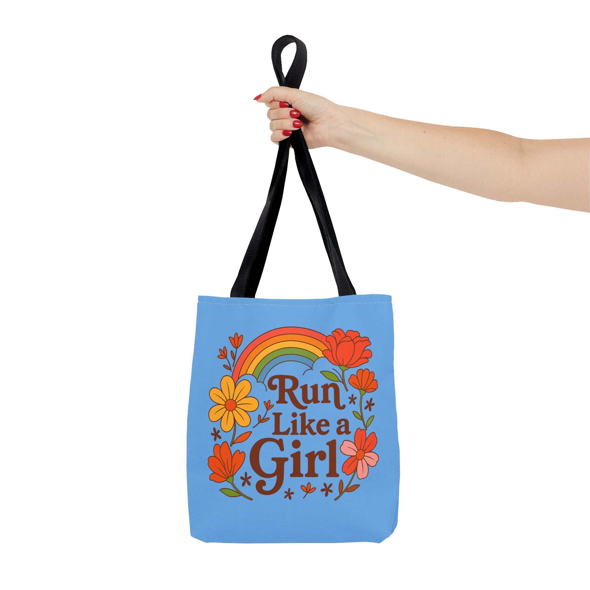 “Run Like a Girl” Floral Rainbow Tote Bag — Motivational Running Canvas Tote