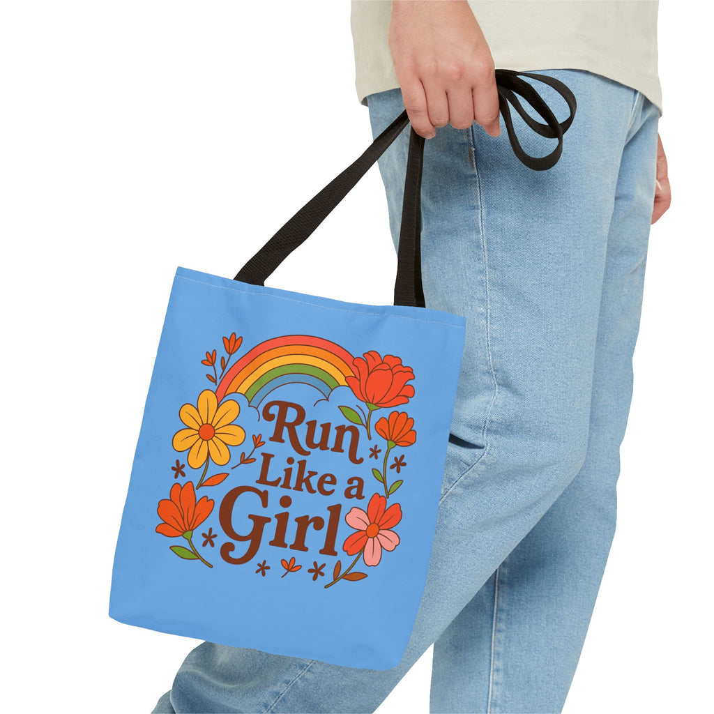 “Run Like a Girl” Floral Rainbow Tote Bag — Motivational Running Canvas Tote