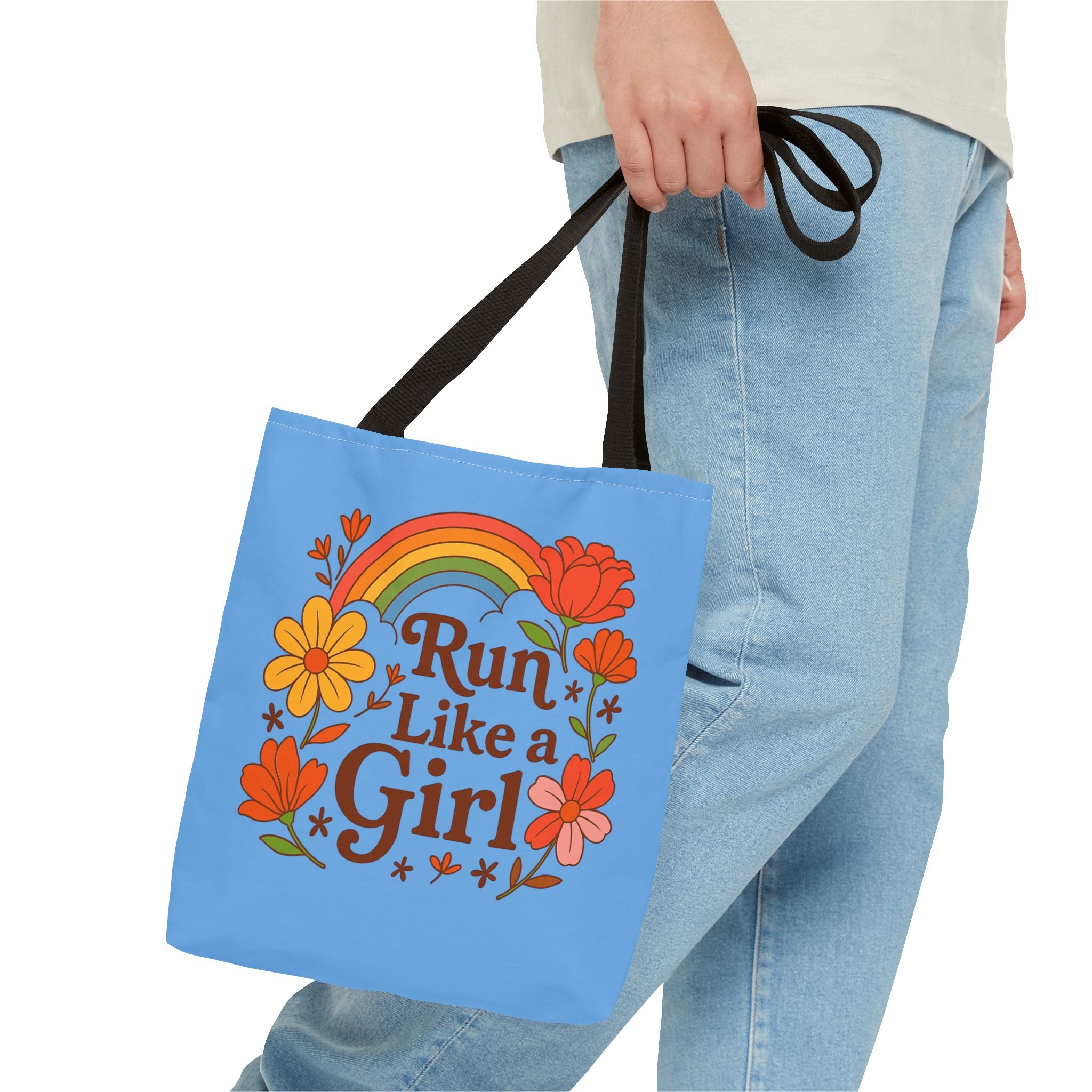 “Run Like a Girl” Floral Rainbow Tote Bag — Motivational Running Canvas Tote