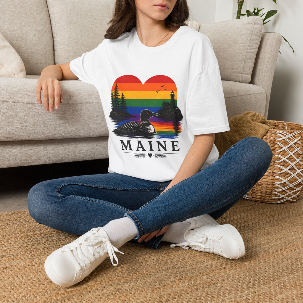 Maine Sunset Heart T-Shirt — Rainbow Coastal Lighthouse & Loon Design