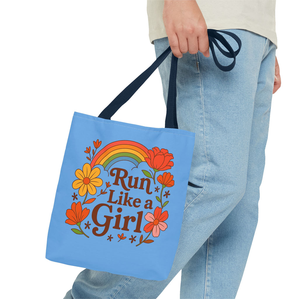 “Run Like a Girl” Floral Rainbow Tote Bag — Motivational Running Canvas Tote