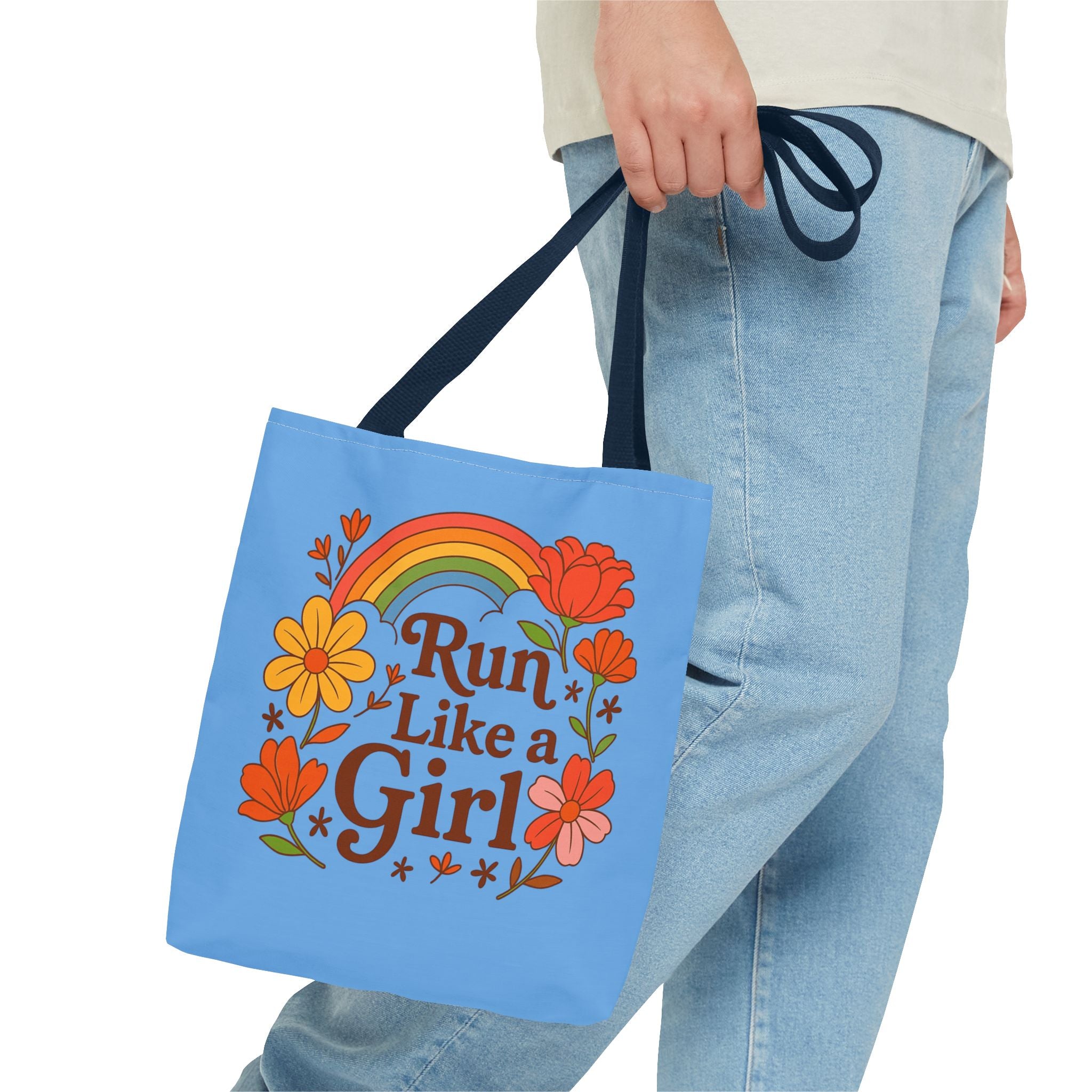 “Run Like a Girl” Floral Rainbow Tote Bag — Motivational Running Canvas Tote