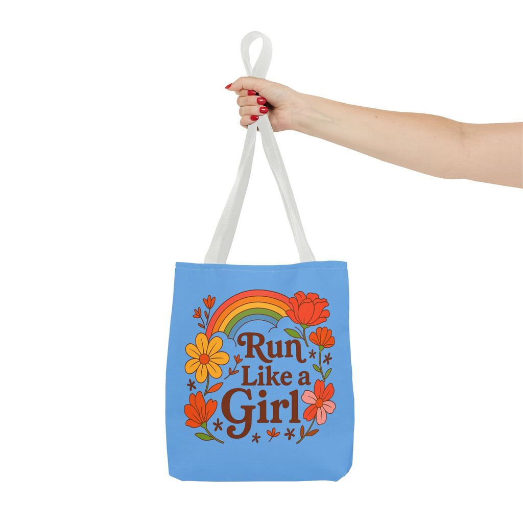 “Run Like a Girl” Floral Rainbow Tote Bag — Motivational Running Canvas Tote