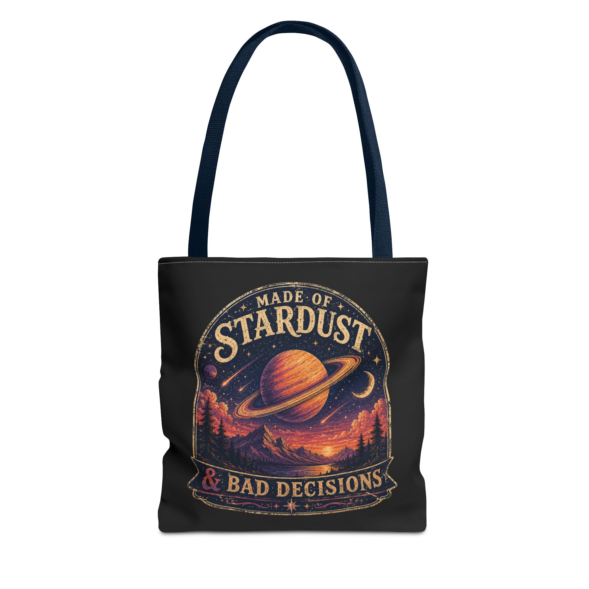 “Made of Stardust & Bad Decisions” Tote Bag — Retro Planet Graphic Tote