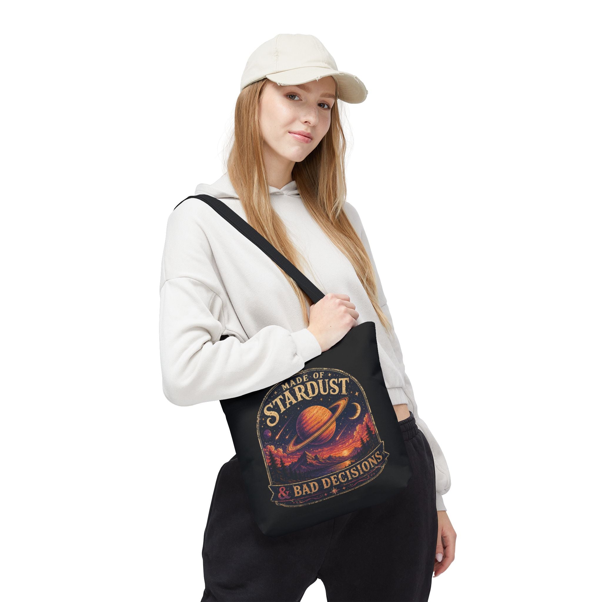 “Made of Stardust & Bad Decisions” Tote Bag — Retro Planet Graphic Tote