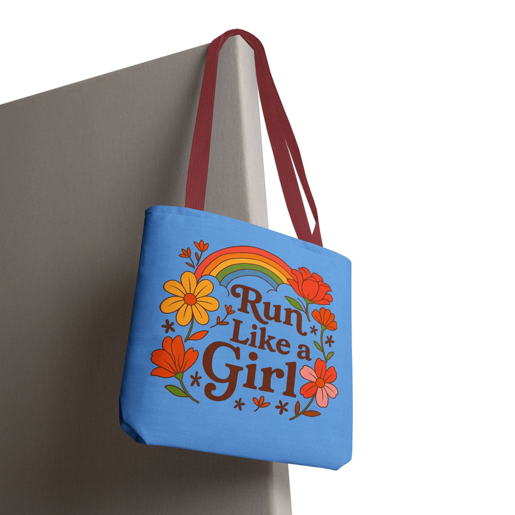 “Run Like a Girl” Floral Rainbow Tote Bag — Motivational Running Canvas Tote