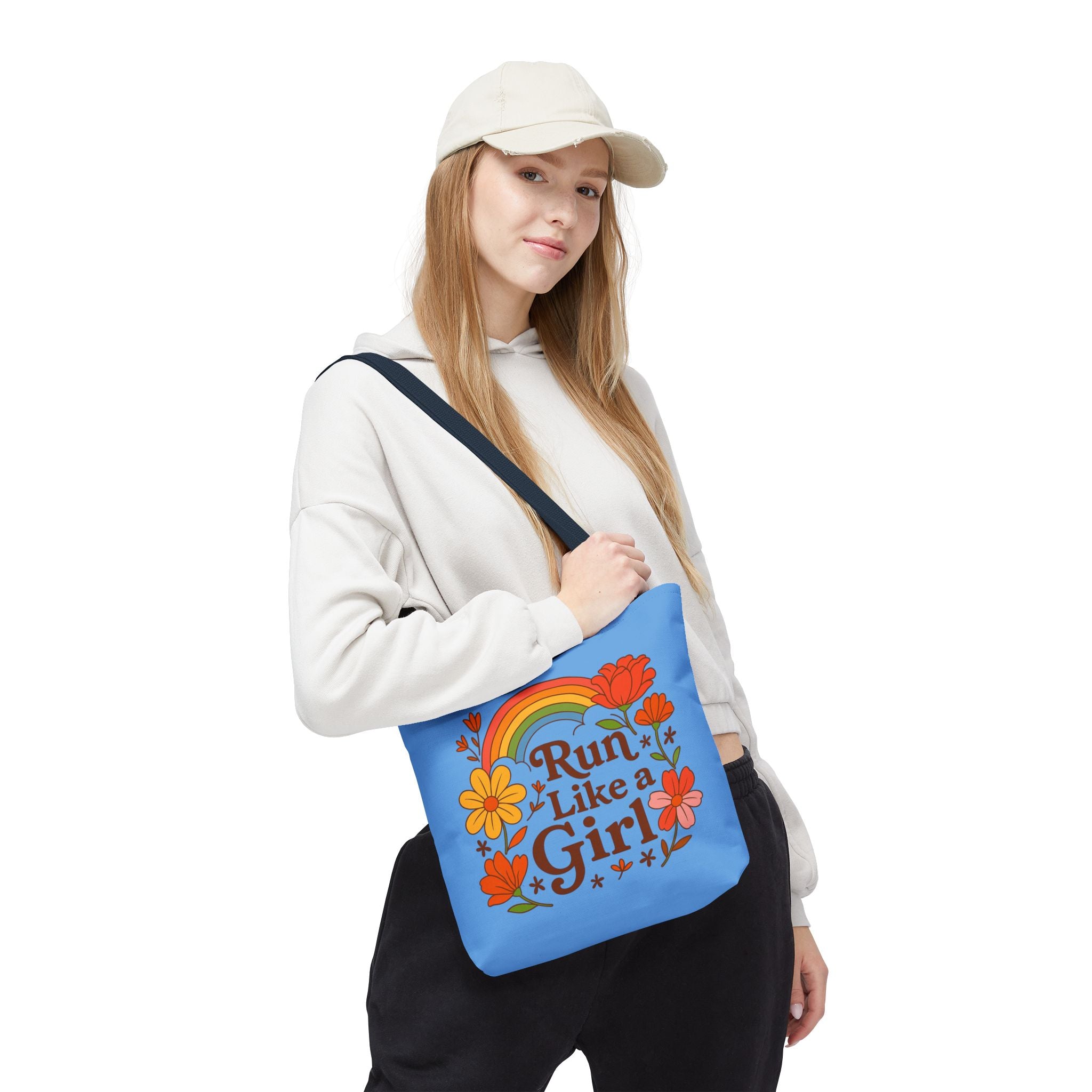 “Run Like a Girl” Floral Rainbow Tote Bag — Motivational Running Canvas Tote