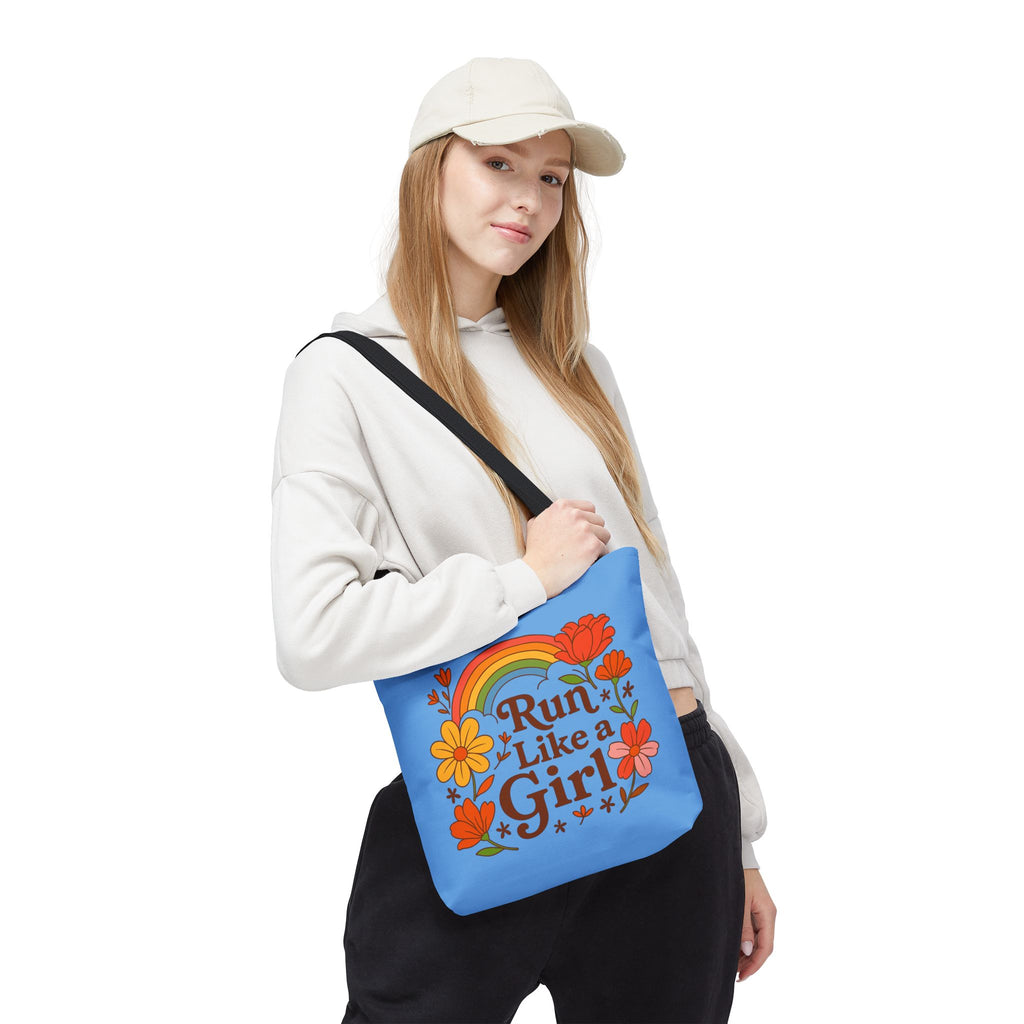 “Run Like a Girl” Floral Rainbow Tote Bag — Motivational Running Canvas Tote