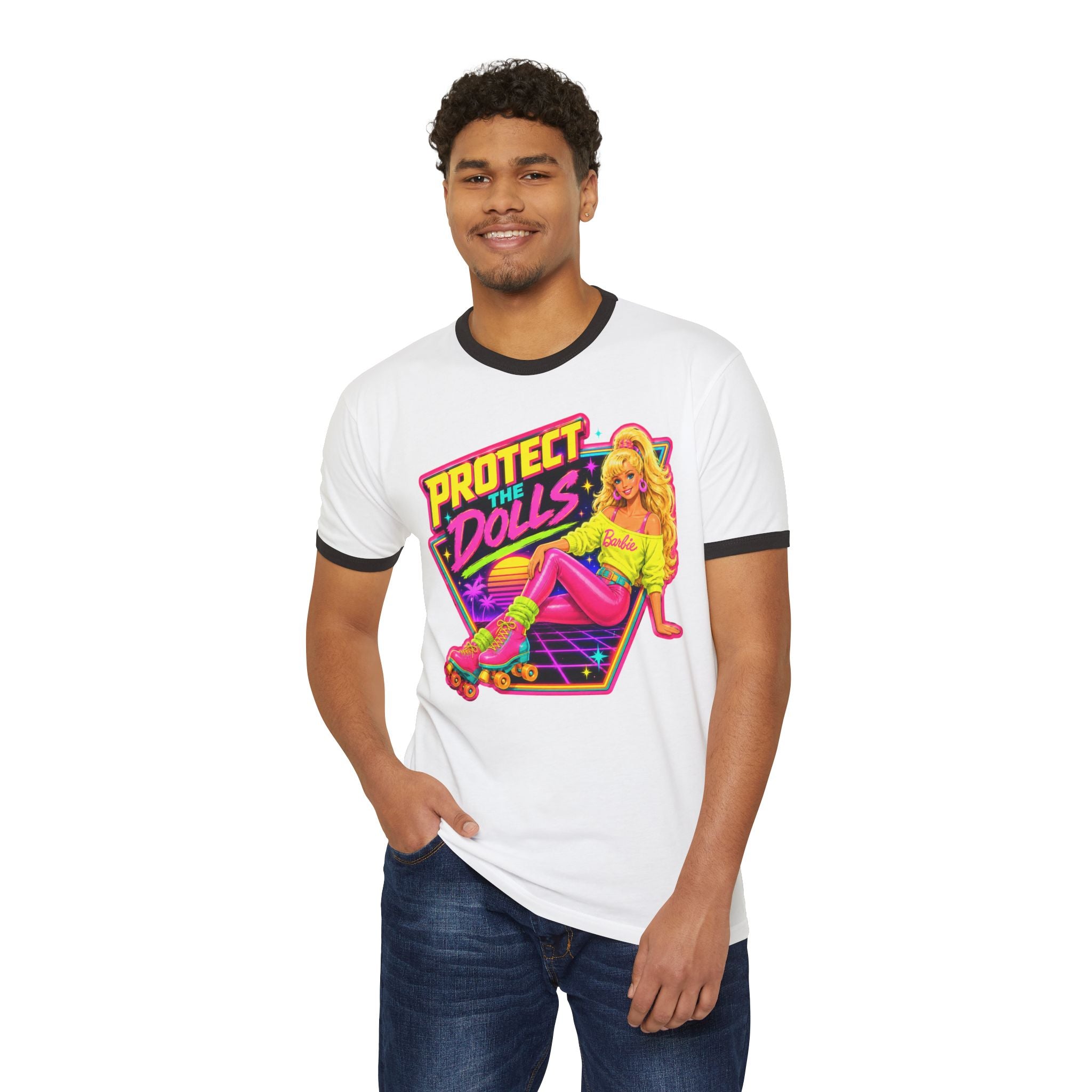 “Protect the Dolls” Trans Ally Ringer T-Shirt — Retro Neon Roller Girl Tee