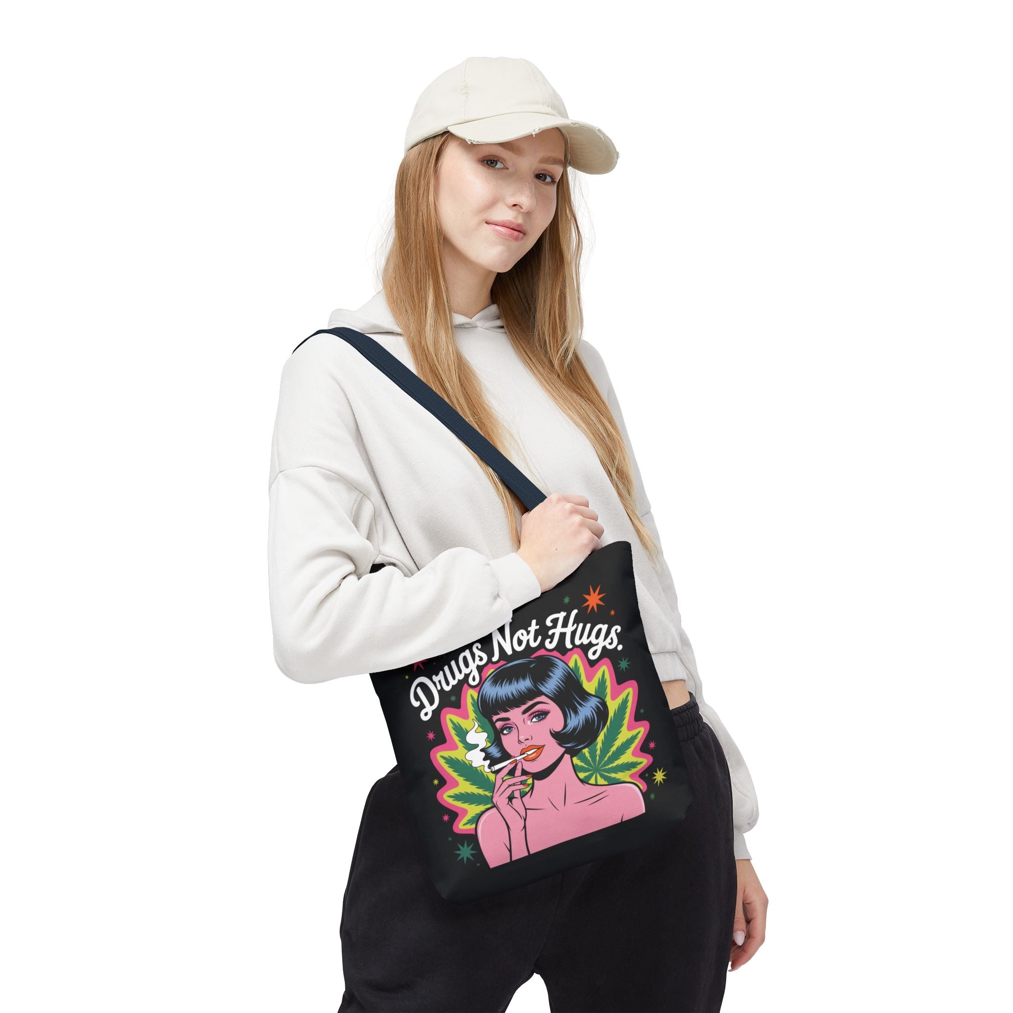 “Drugs Not Hugs” Retro Pin-Up Cannabis Graphic Tote