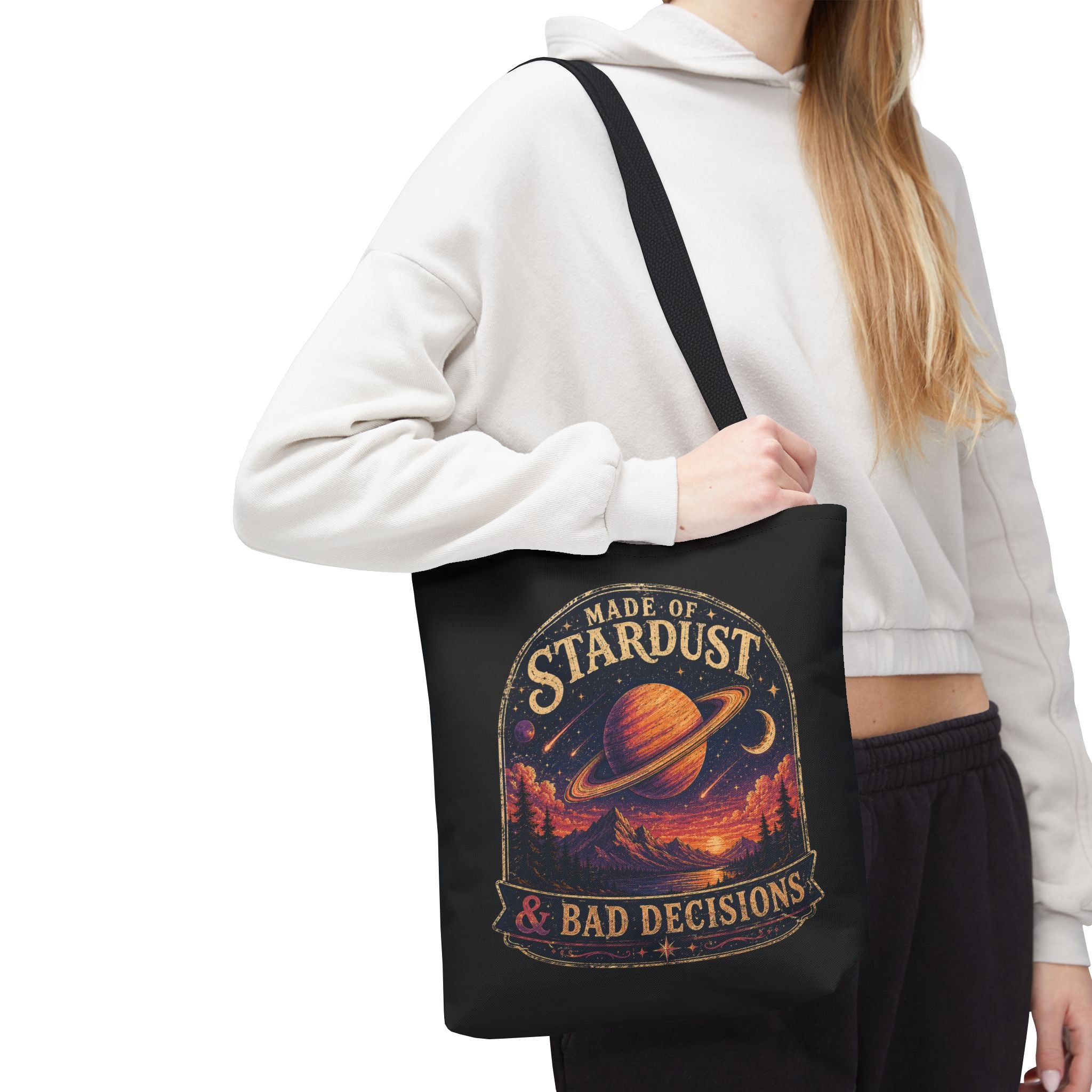 “Made of Stardust & Bad Decisions” Tote Bag — Retro Planet Graphic Tote