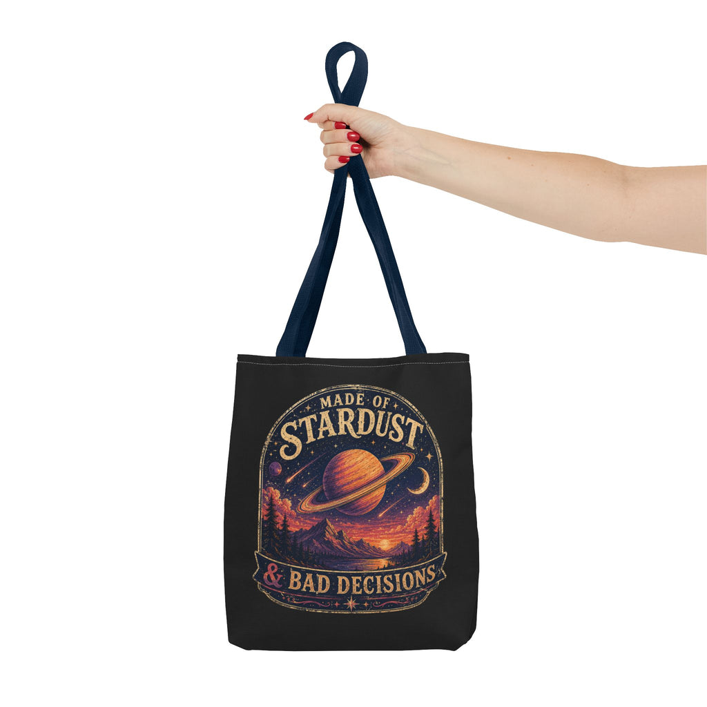 “Made of Stardust & Bad Decisions” Tote Bag — Retro Planet Graphic Tote