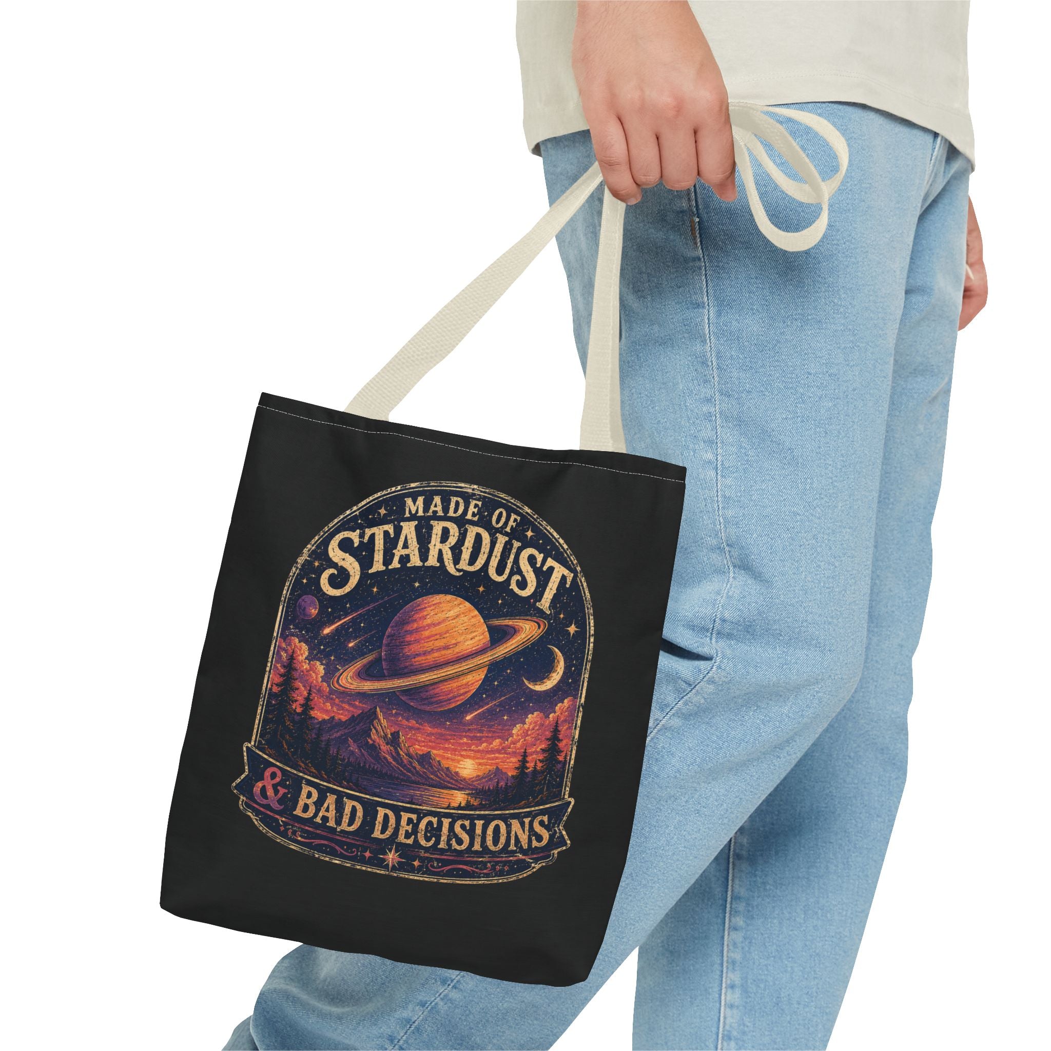 “Made of Stardust & Bad Decisions” Tote Bag — Retro Planet Graphic Tote