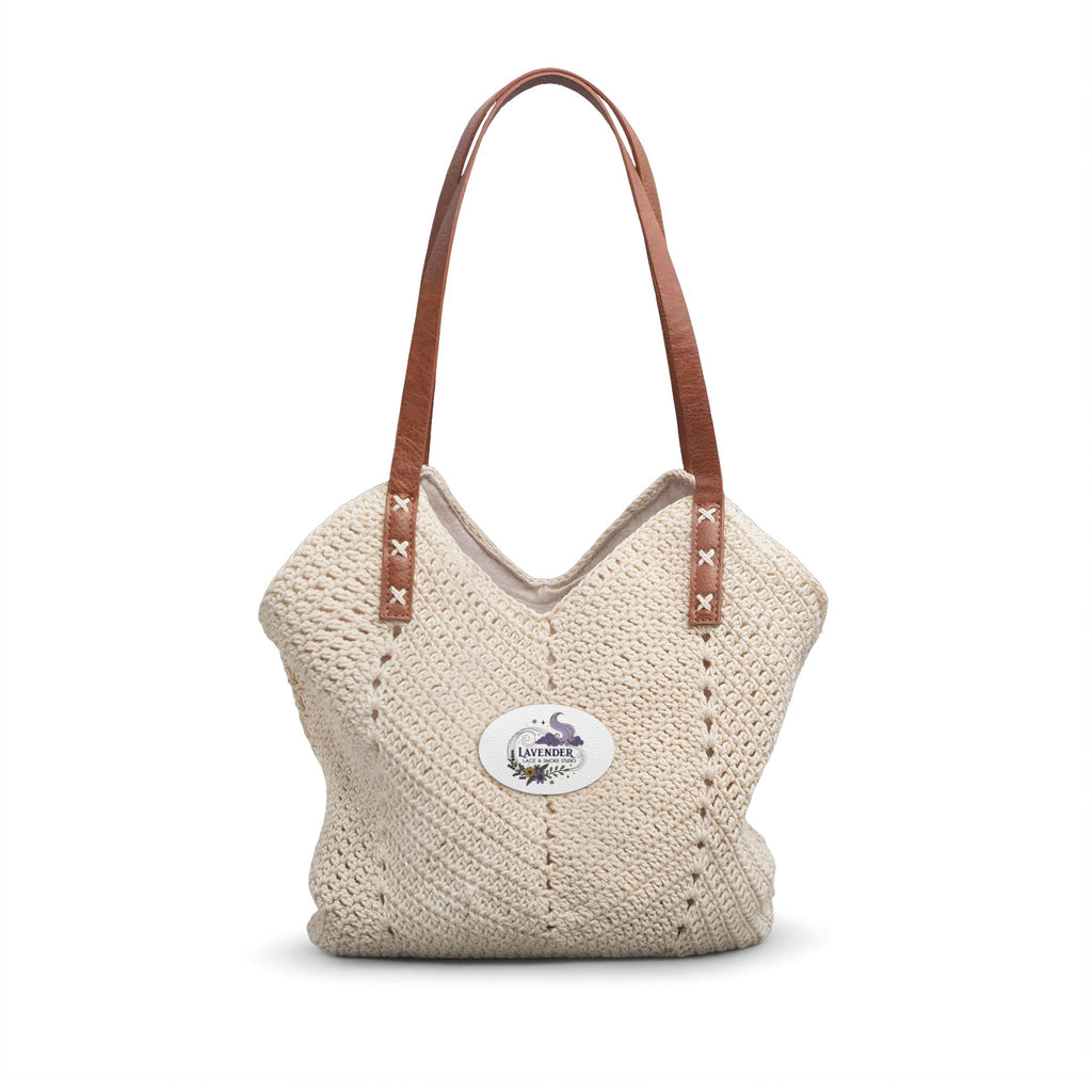 Lavender Lace & Smoke Studio Logo Straw Shoulder Bag — Boho Crochet Beach Tote with Leather Straps