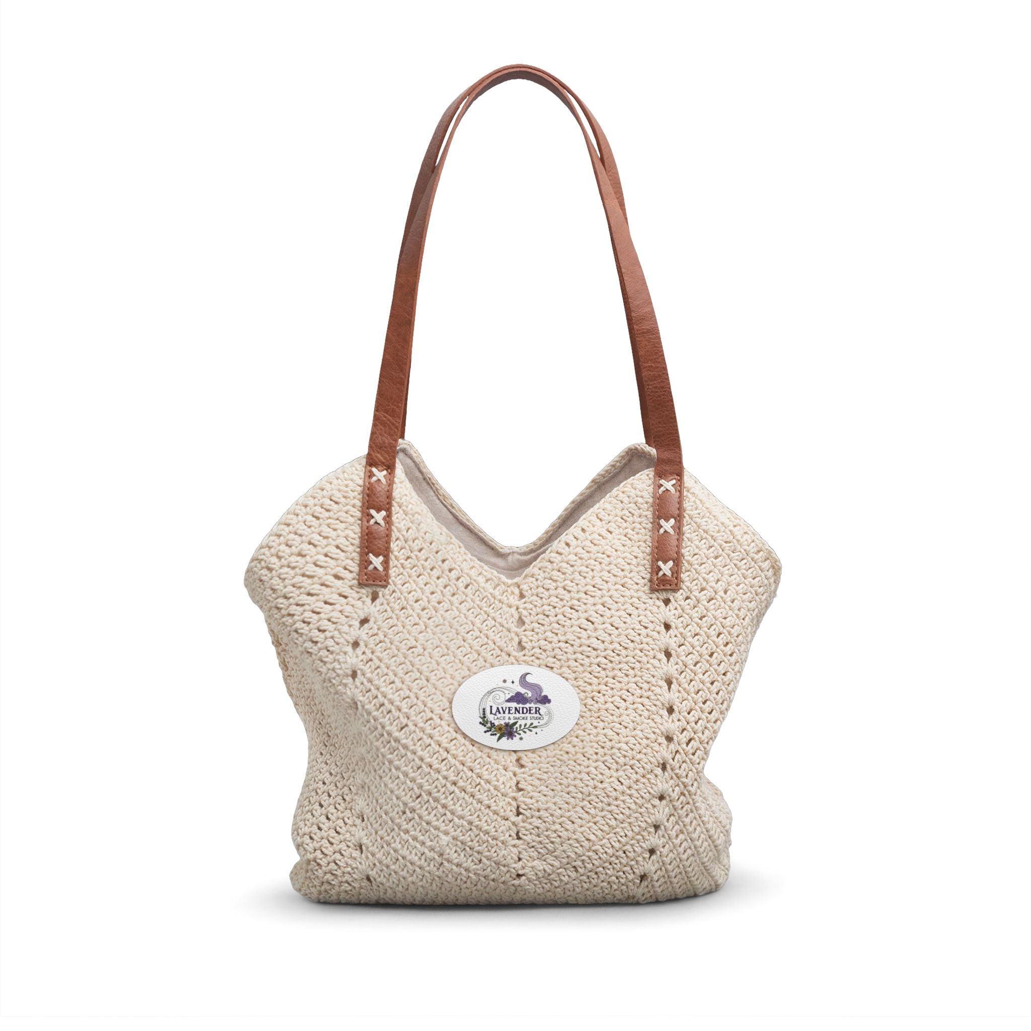 Lavender Lace & Smoke Studio Logo Straw Shoulder Bag — Boho Crochet Beach Tote with Leather Straps