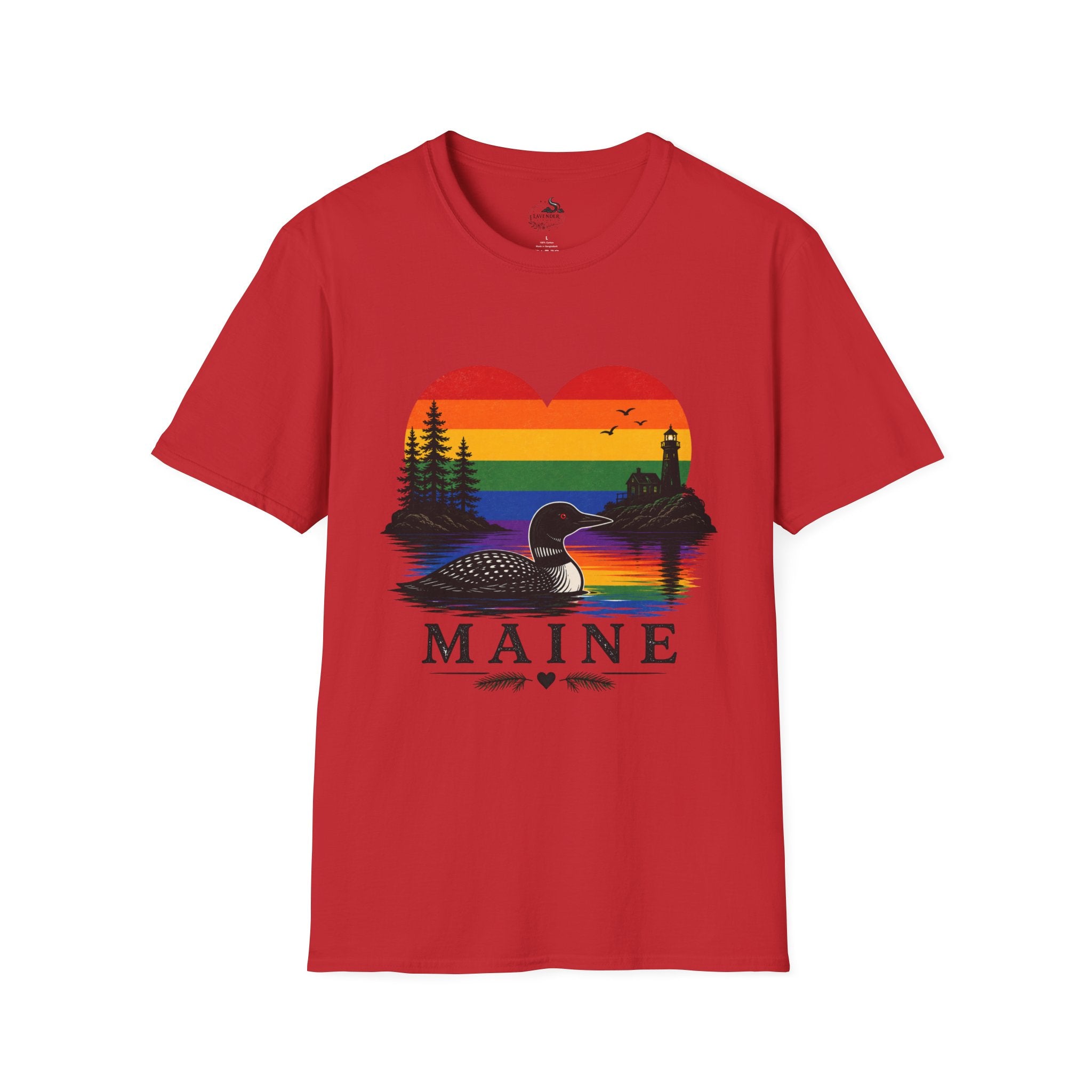 Maine Sunset Heart T-Shirt — Rainbow Coastal Lighthouse & Loon Design