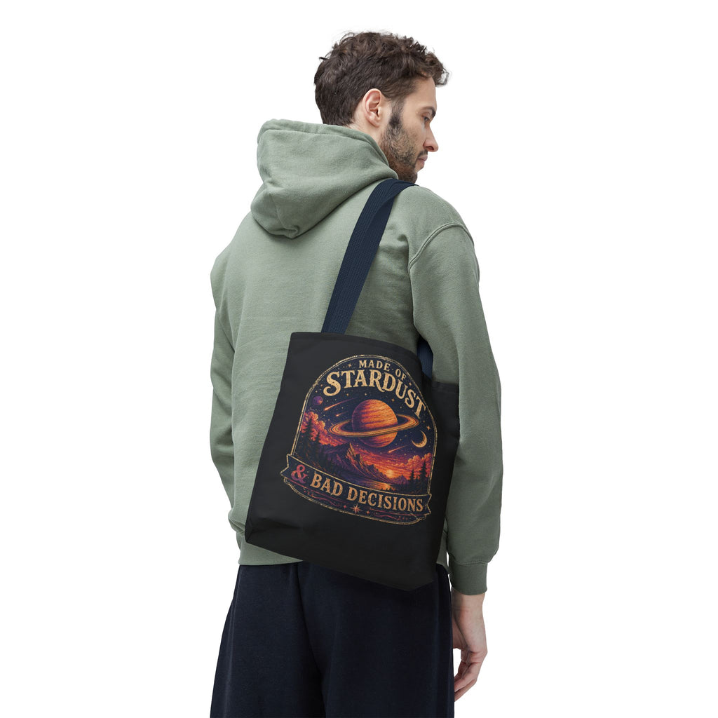 “Made of Stardust & Bad Decisions” Tote Bag — Retro Planet Graphic Tote