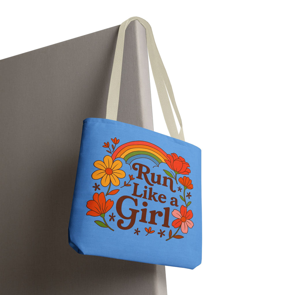 “Run Like a Girl” Floral Rainbow Tote Bag — Motivational Running Canvas Tote