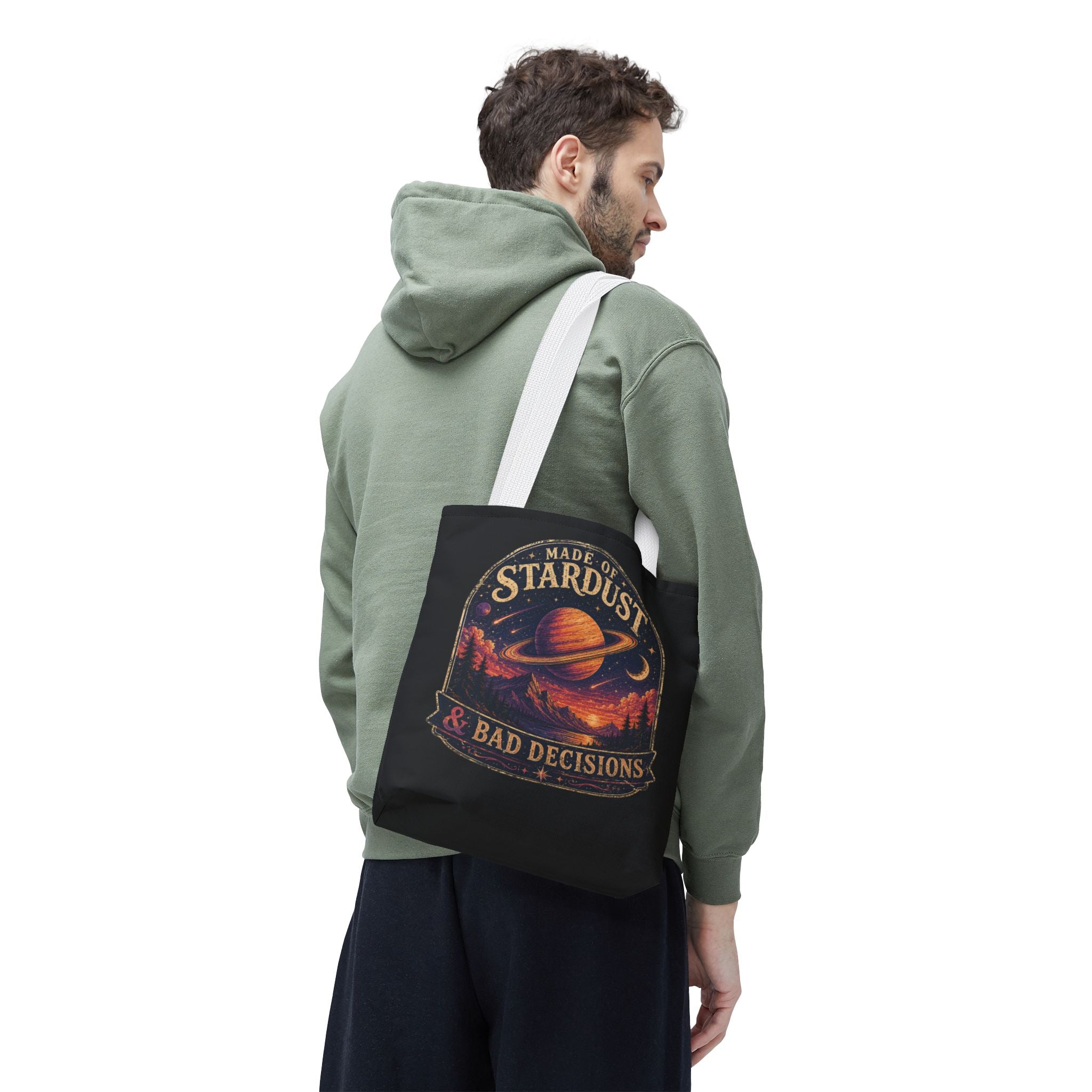 “Made of Stardust & Bad Decisions” Tote Bag — Retro Planet Graphic Tote