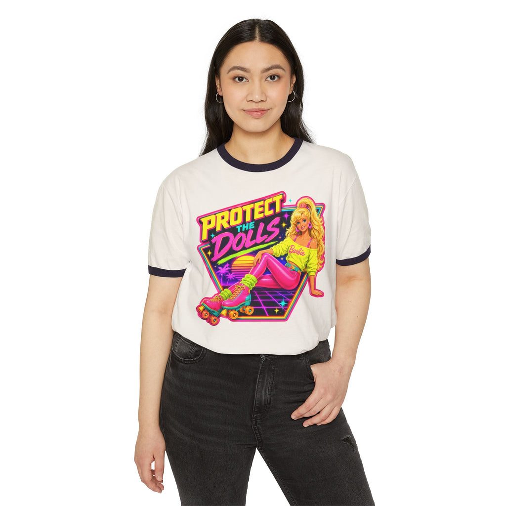 “Protect the Dolls” Trans Ally Ringer T-Shirt — Retro Neon Roller Girl Tee