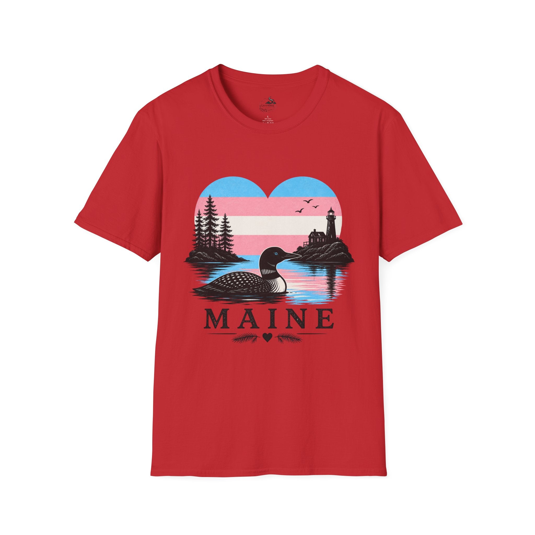 Maine Trans Flag Heart T‑Shirt — Coastal Loon & Lighthouse Graphic