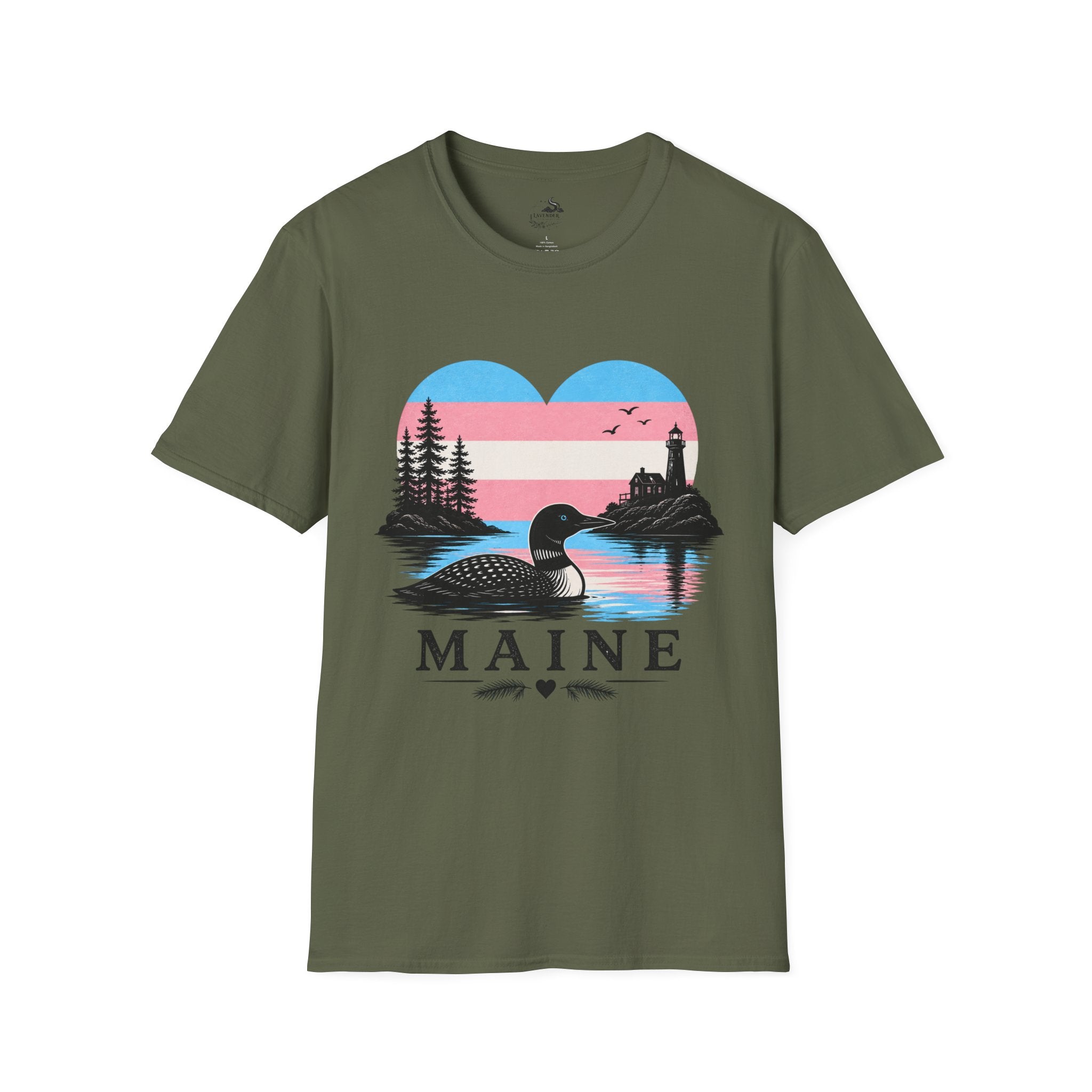 Maine Trans Flag Heart T‑Shirt — Coastal Loon & Lighthouse Graphic