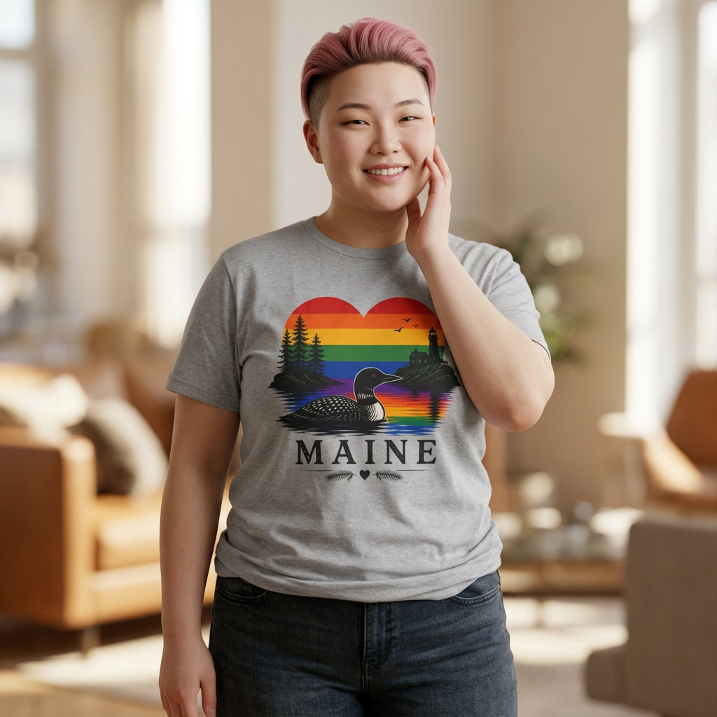 Maine Sunset Heart T-Shirt — Rainbow Coastal Lighthouse & Loon Design