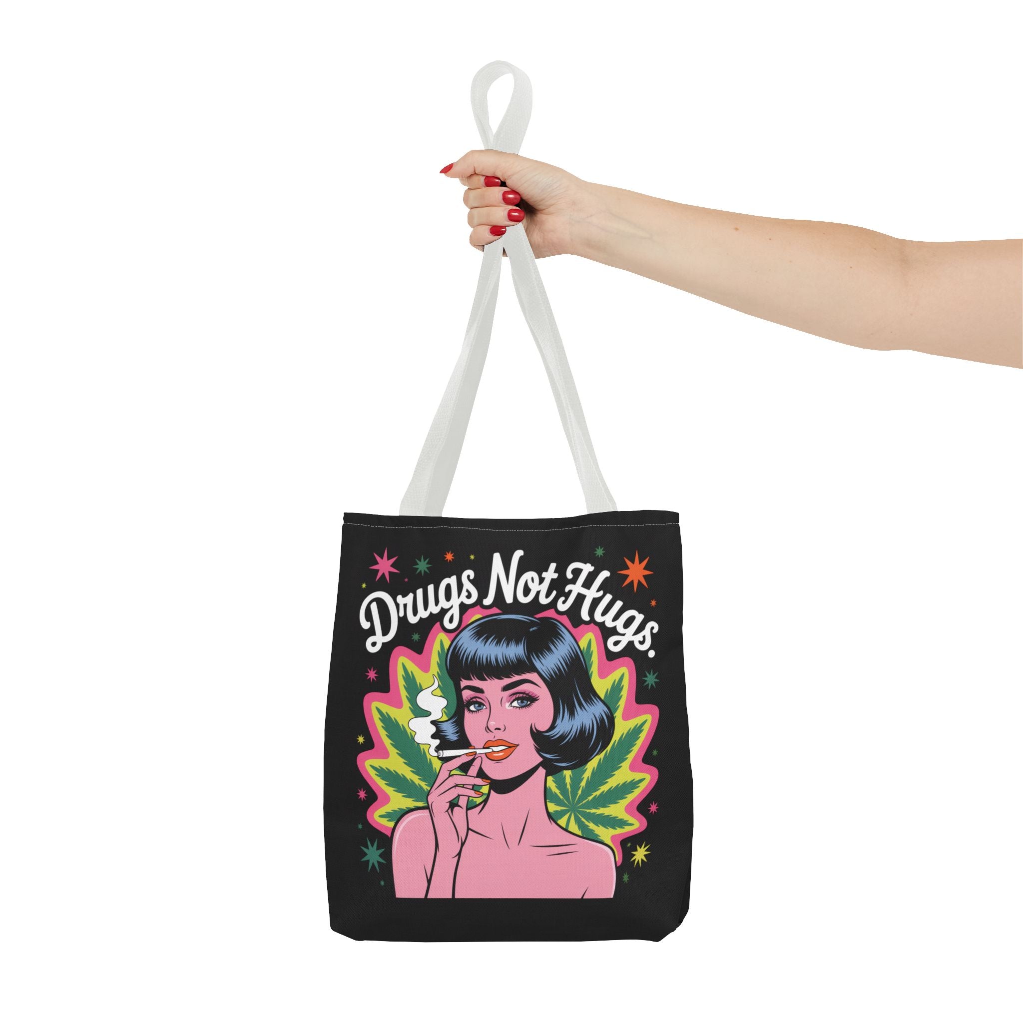 “Drugs Not Hugs” Retro Pin-Up Cannabis Graphic Tote