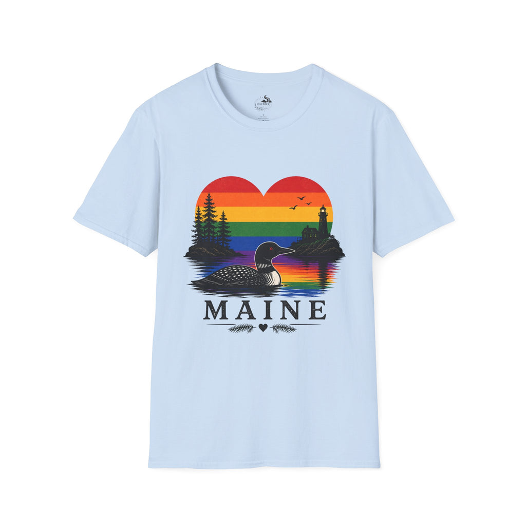 Maine Sunset Heart T-Shirt — Rainbow Coastal Lighthouse & Loon Design