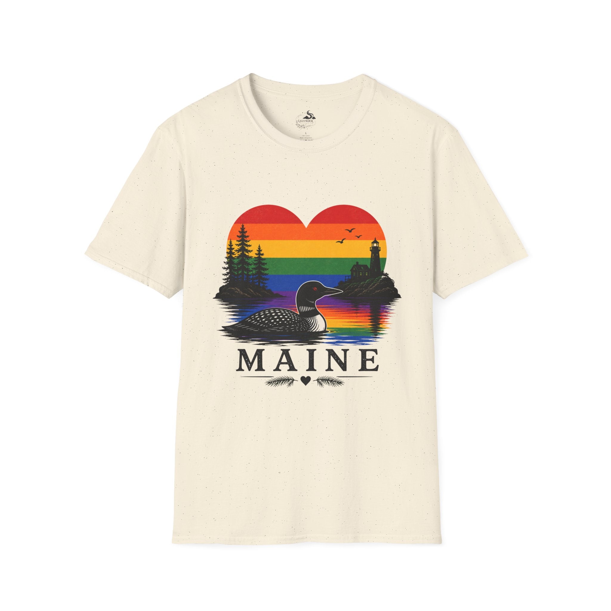 Maine Sunset Heart T-Shirt — Rainbow Coastal Lighthouse & Loon Design